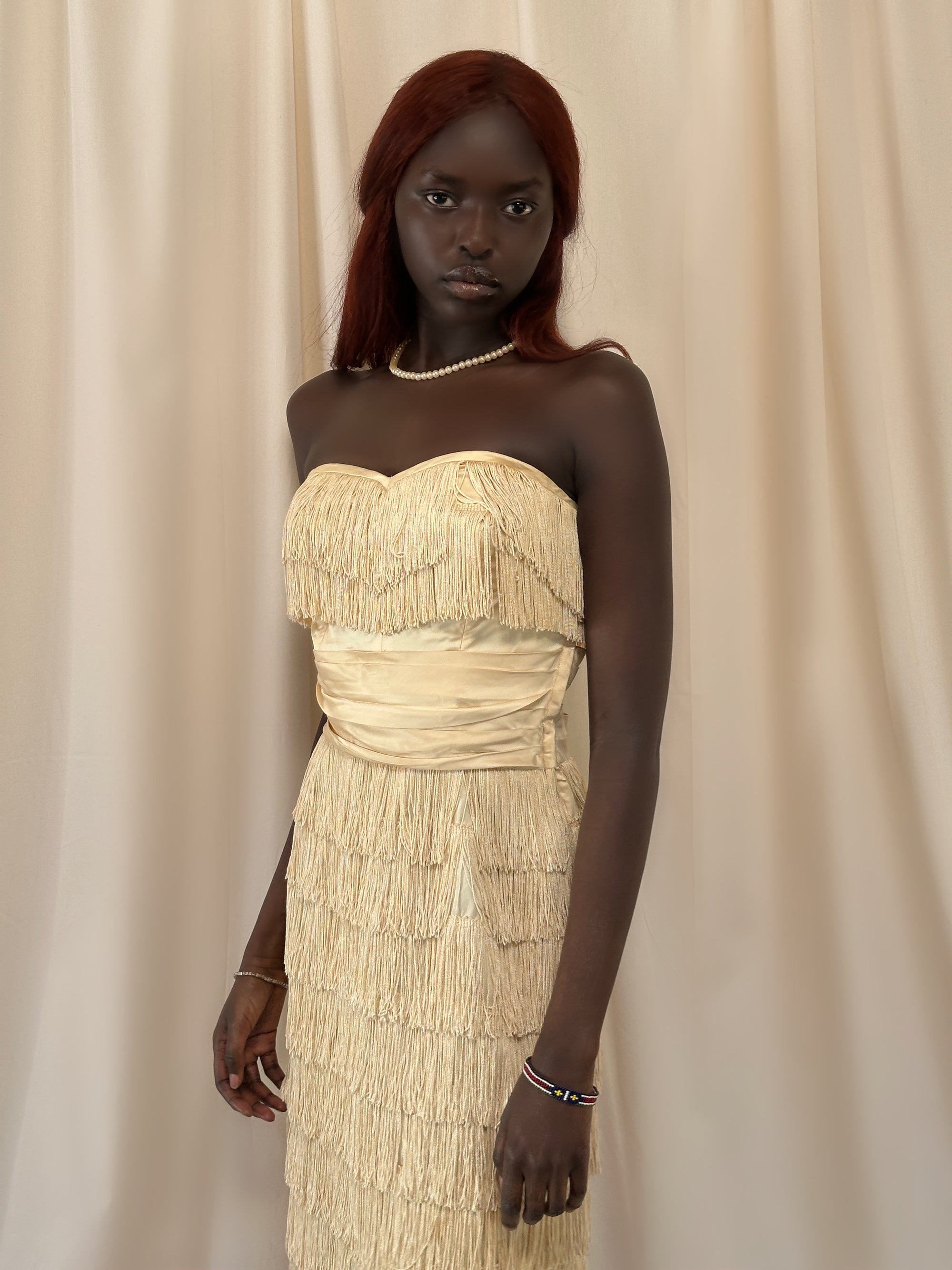 Vintage 1950’s Silk Ecru Strapless Fringe Dress