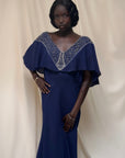 Vintage 1940s Beaded Navy Crepe Gown | Old Hollywood Evening Bias Cut Dress