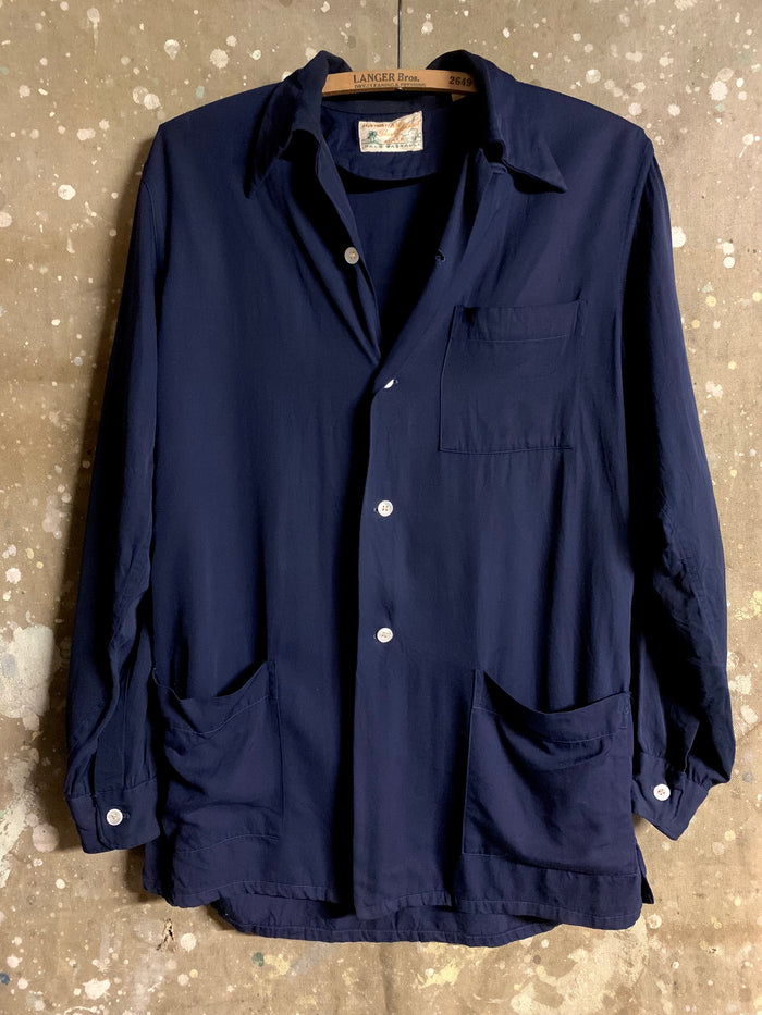 1950’s Solid Navy Blue Hawaiian Shirt Jacket By Mack