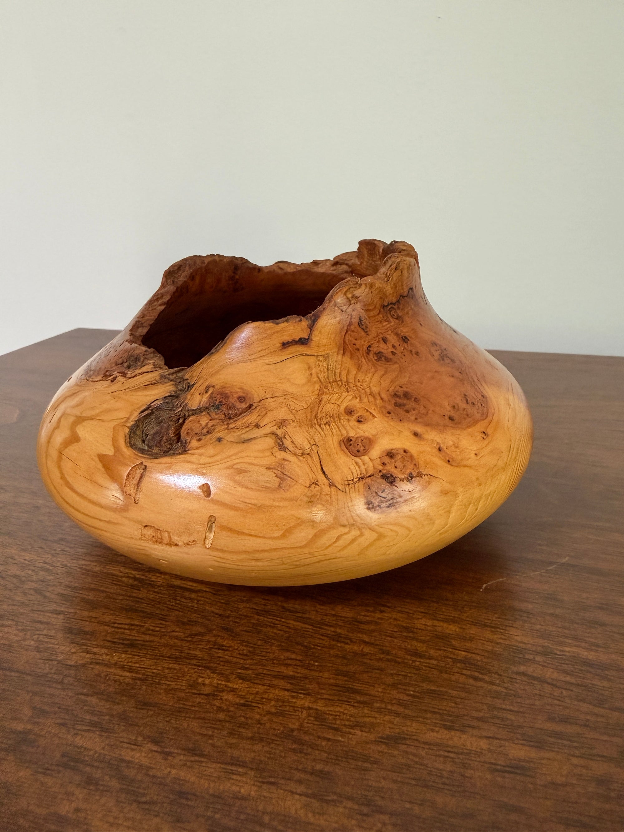 Vintage Signed Handcrafted Fir Burl Wood Bowl | Live Edge Natural Art Turned Vessel