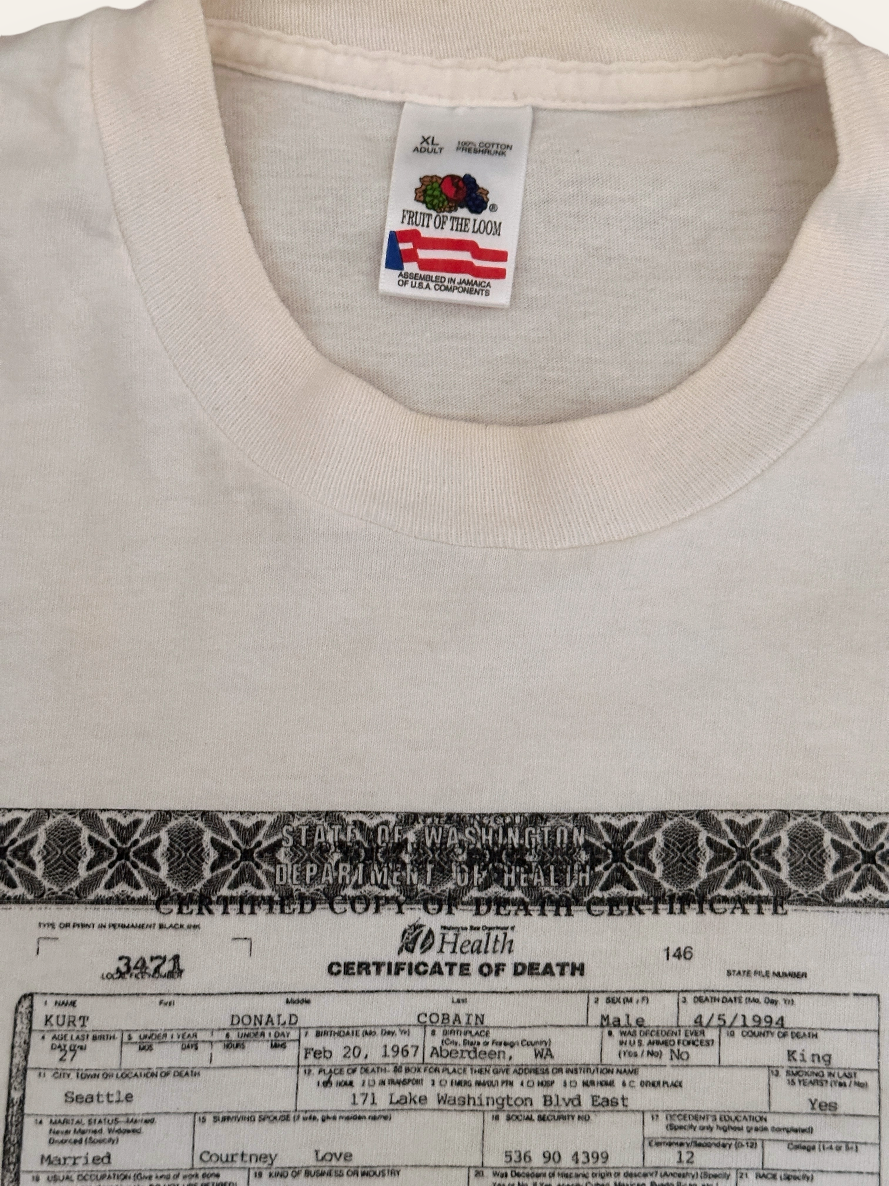 Vintage 1990's Kurt Cobain Death Certificate Nirvana T-shirt