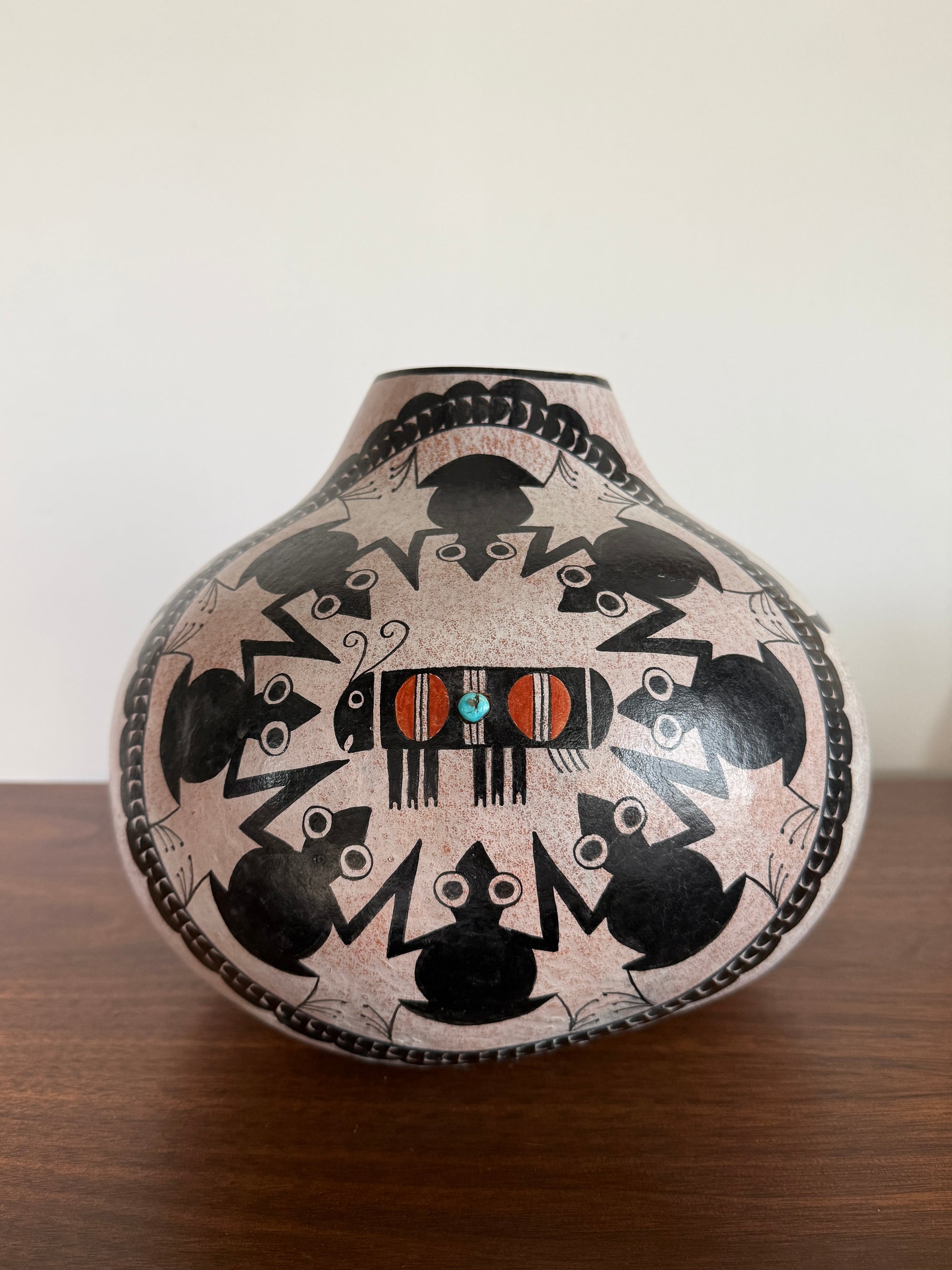 Vintage Robert Rivera Large Painted Gourd Vase | Mimbres Design Turquoise Inlay Hand Painted Bowl