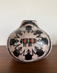Vintage Robert Rivera Large Painted Gourd Vase | Mimbres Design Turquoise Inlay Hand Painted Bowl
