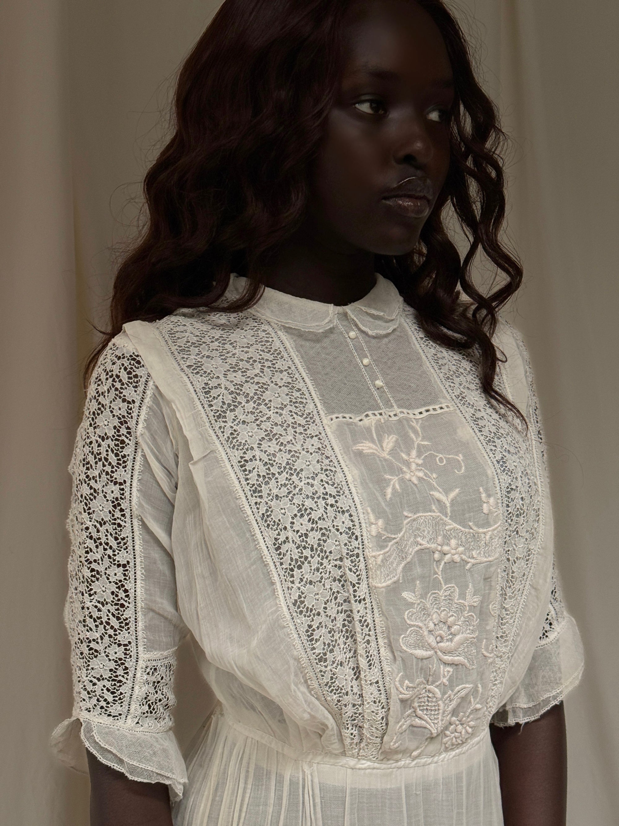 Antique 1900s Edwardian White Lace &amp; Embroidered Cotton Lawn Dress  | Handcrafted Heirloom Bridal Gown