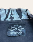 Vintage 1980s Lip Service “War?”Denim Moto Jacket | All Over Print Denim Jacket