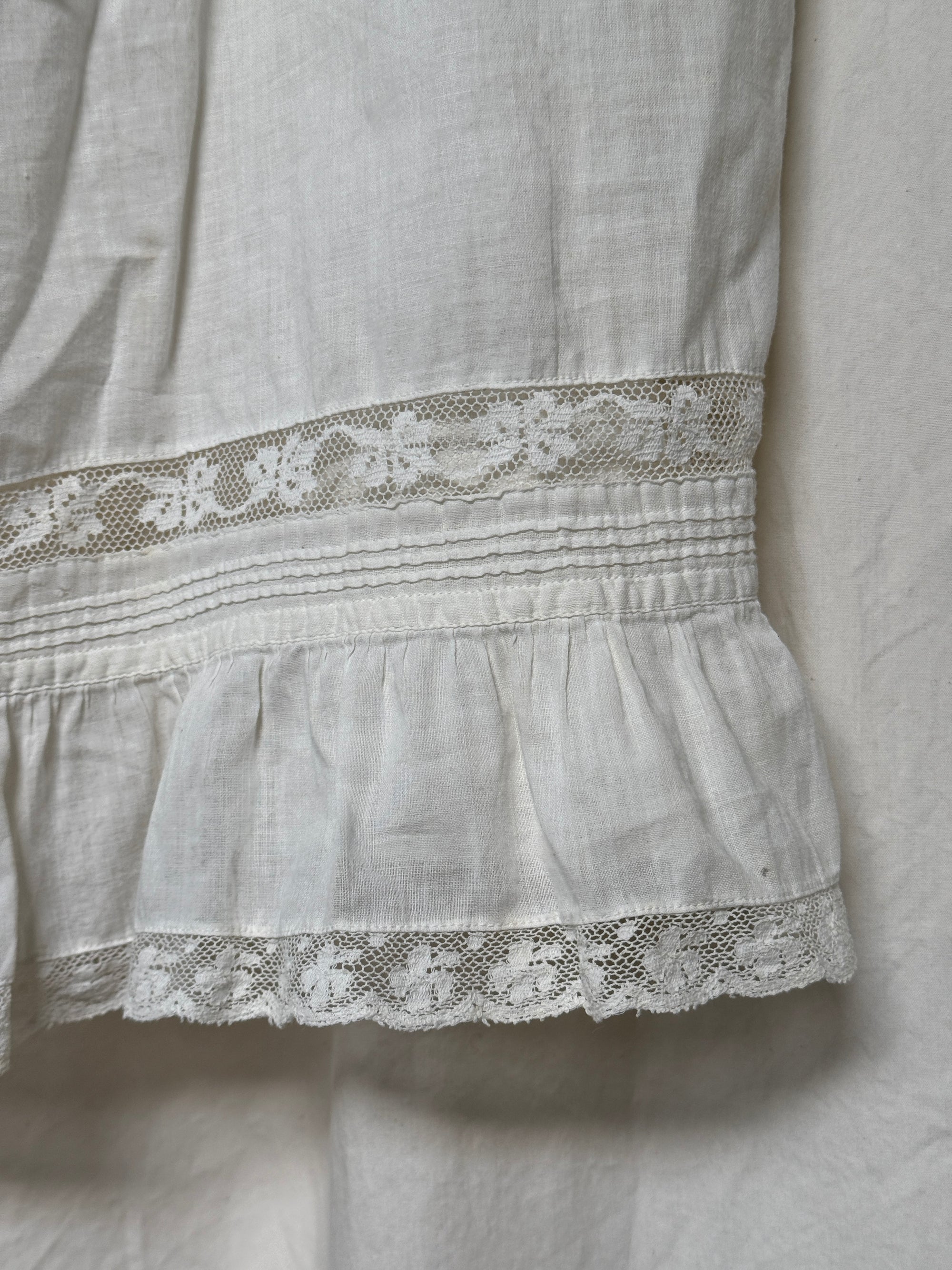 Vintage Edwardian Crochet Lace Blouse | White Cotton Ruffle Top with Blue Ribbon | Antique Romantic Cottagecore Boho