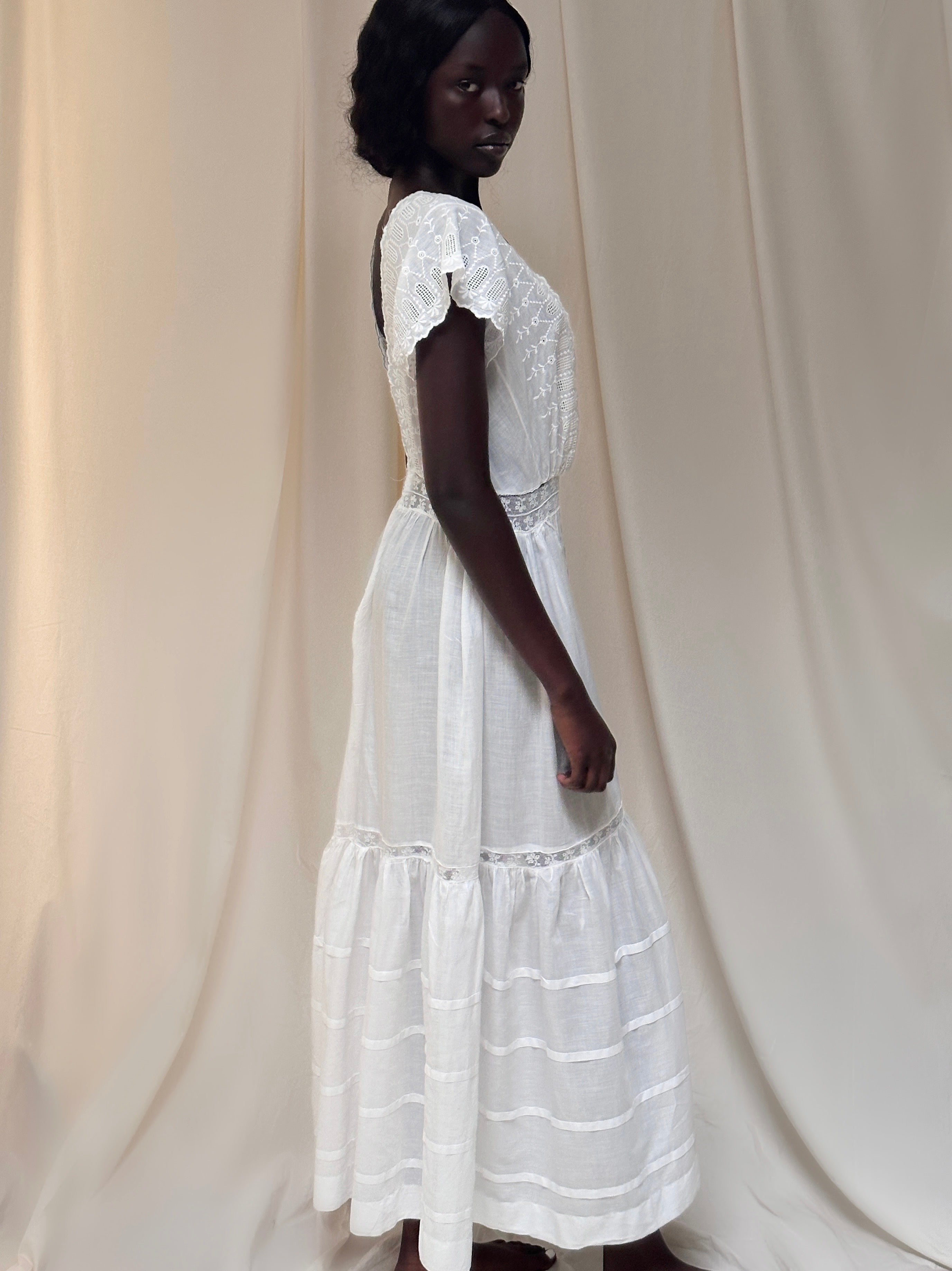 Vintage Edwardian Era Deep V Gauze Cotton Eyelet Dress with Lace