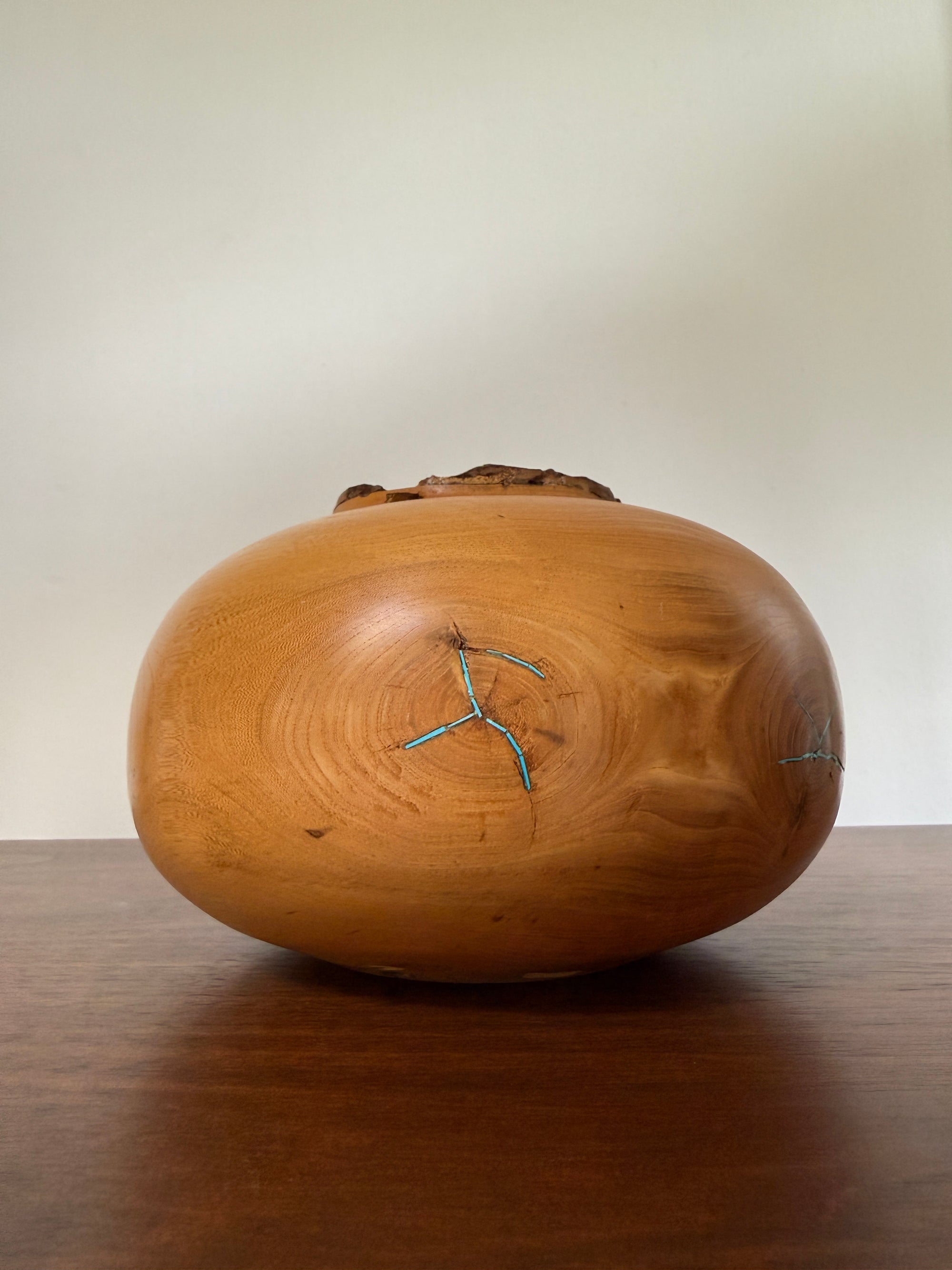 Vintage Signed Hand Turned Elm Fork Turquoise Inlay Burl Wood Bowl | Live Edge Natural Art Turned Vessel