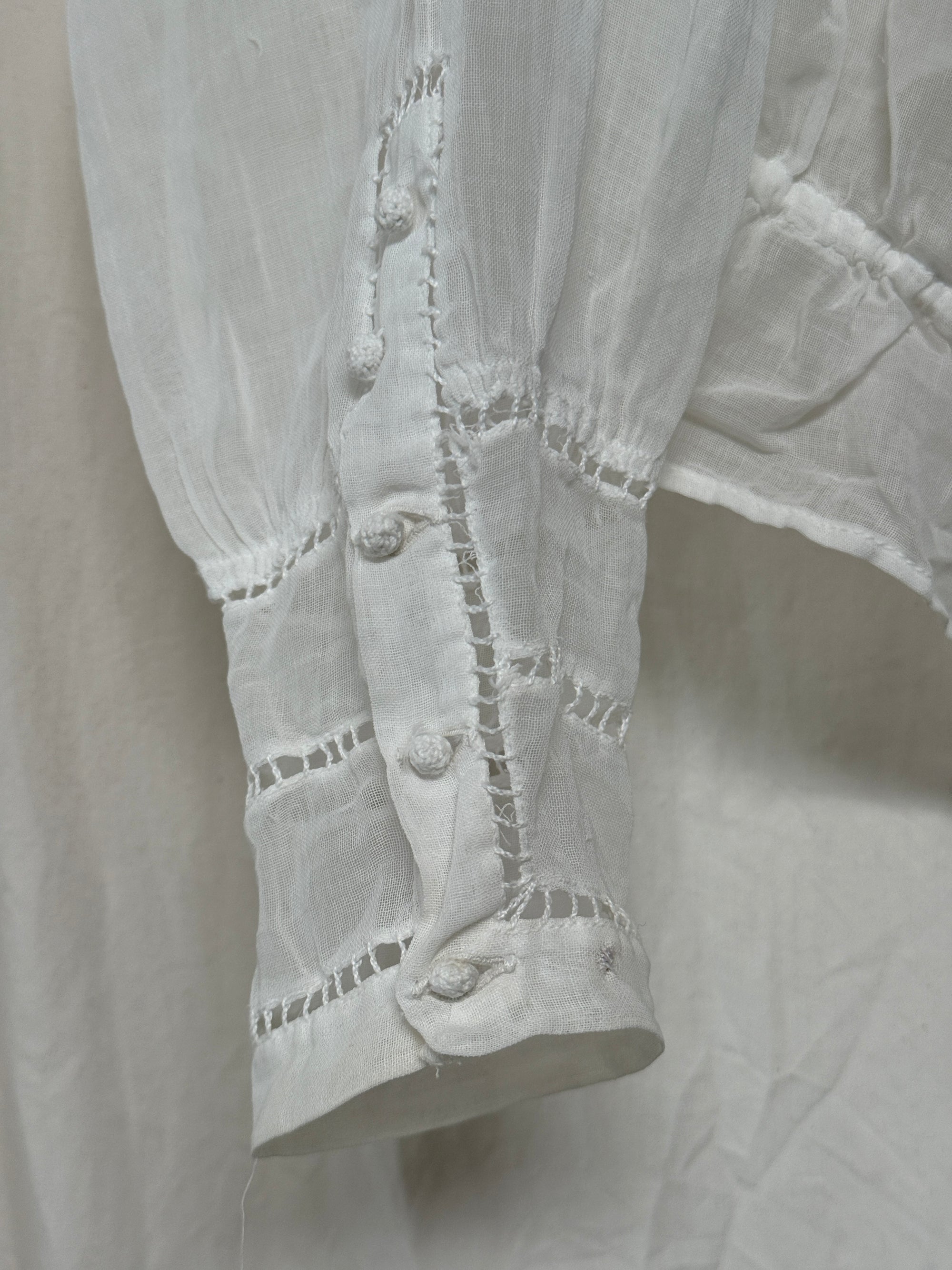 Antique Edwardian Romantic White Gauze Cotton Blouse | Vintage Sheer Top With Pom-Pom Tassels