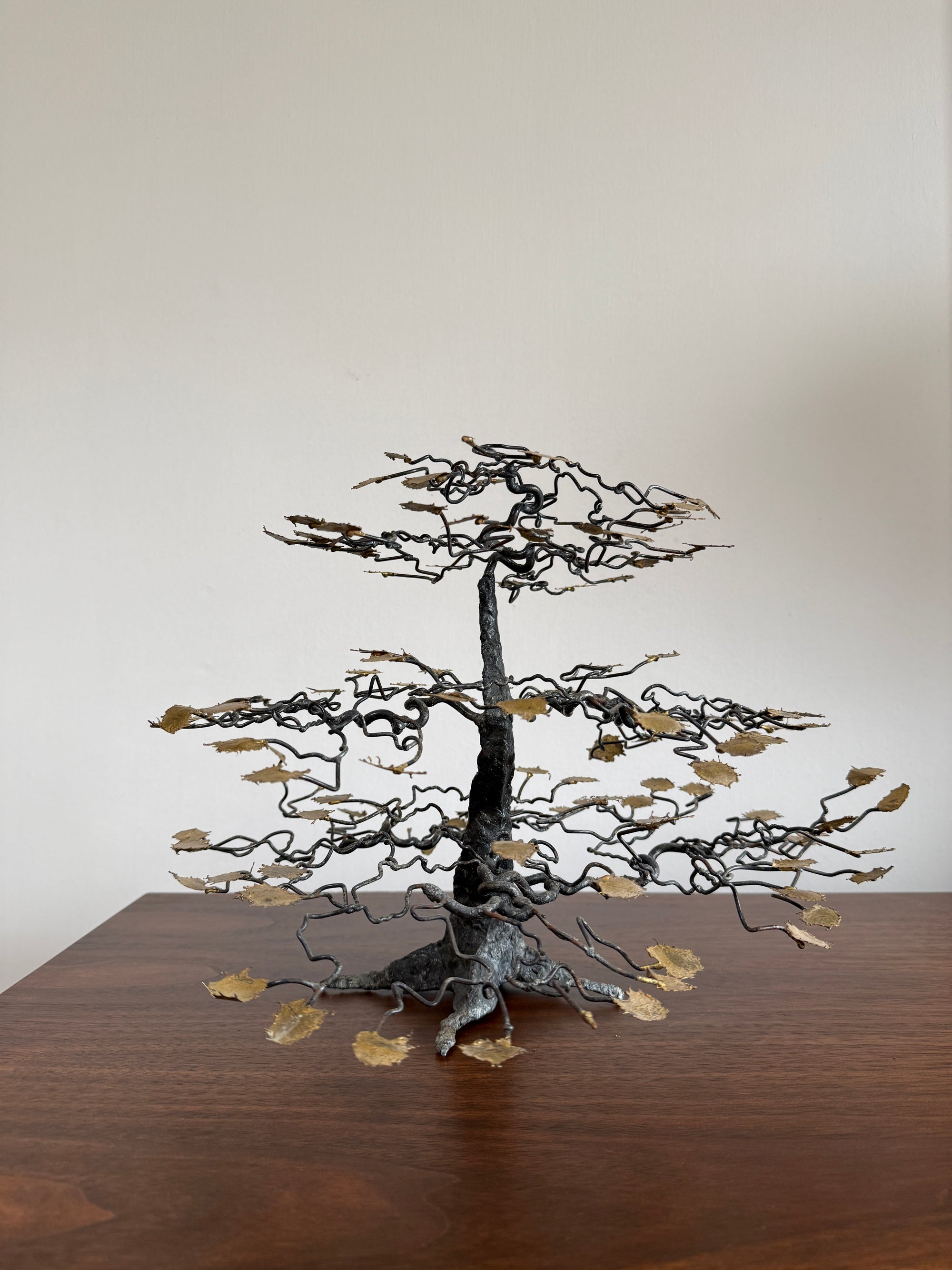 Vintage Brutalist Metal Bonsai Tree Sculpture | Handcrafted Wire Art with Gilt Leaves | Mid Century Modern Decor