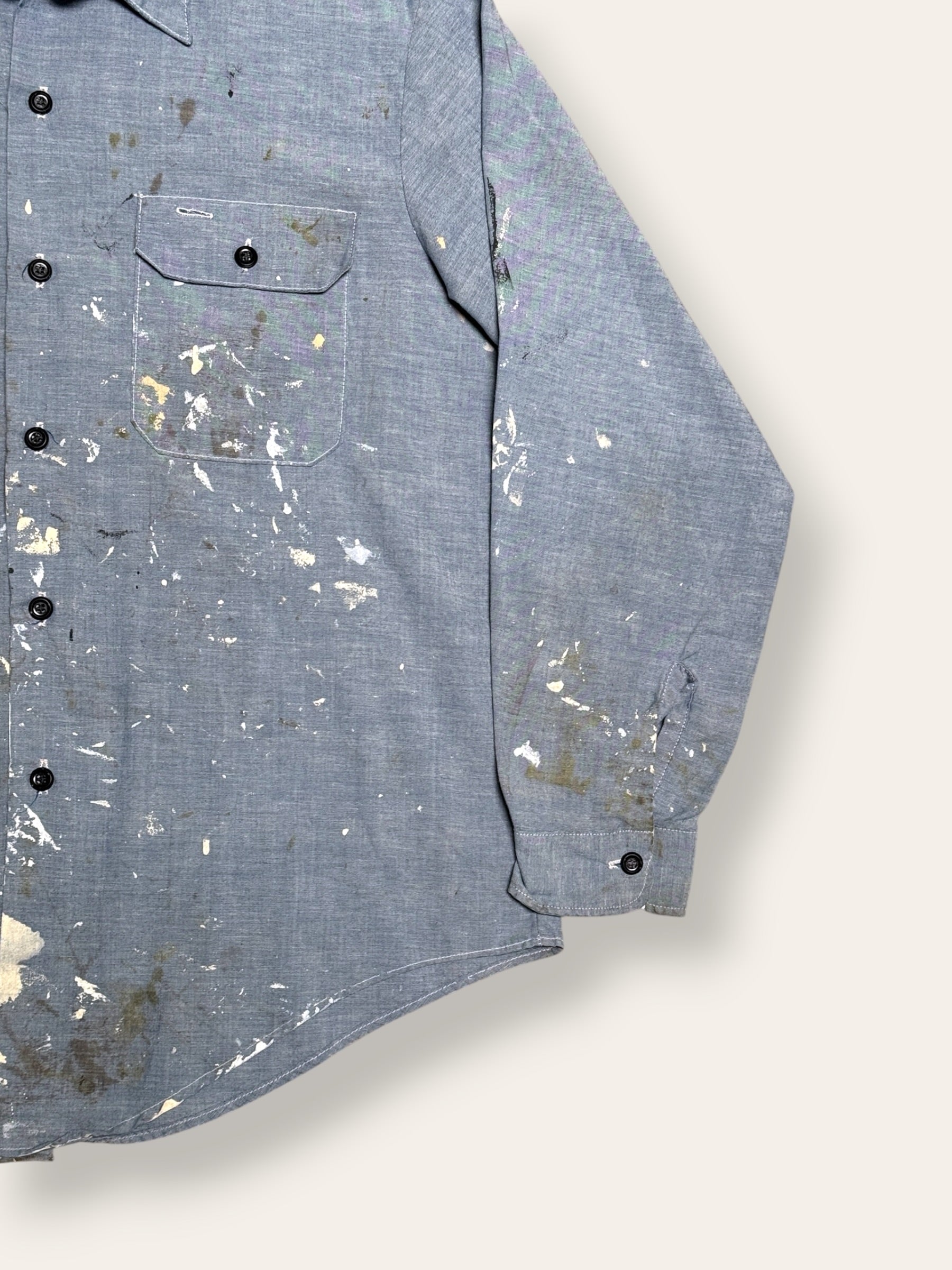 Vintage 1960’s Vintage Chambray Painter Work Shirt | Sears Perma-Prest | Paint Splatter Shirt | Distressed Workwear