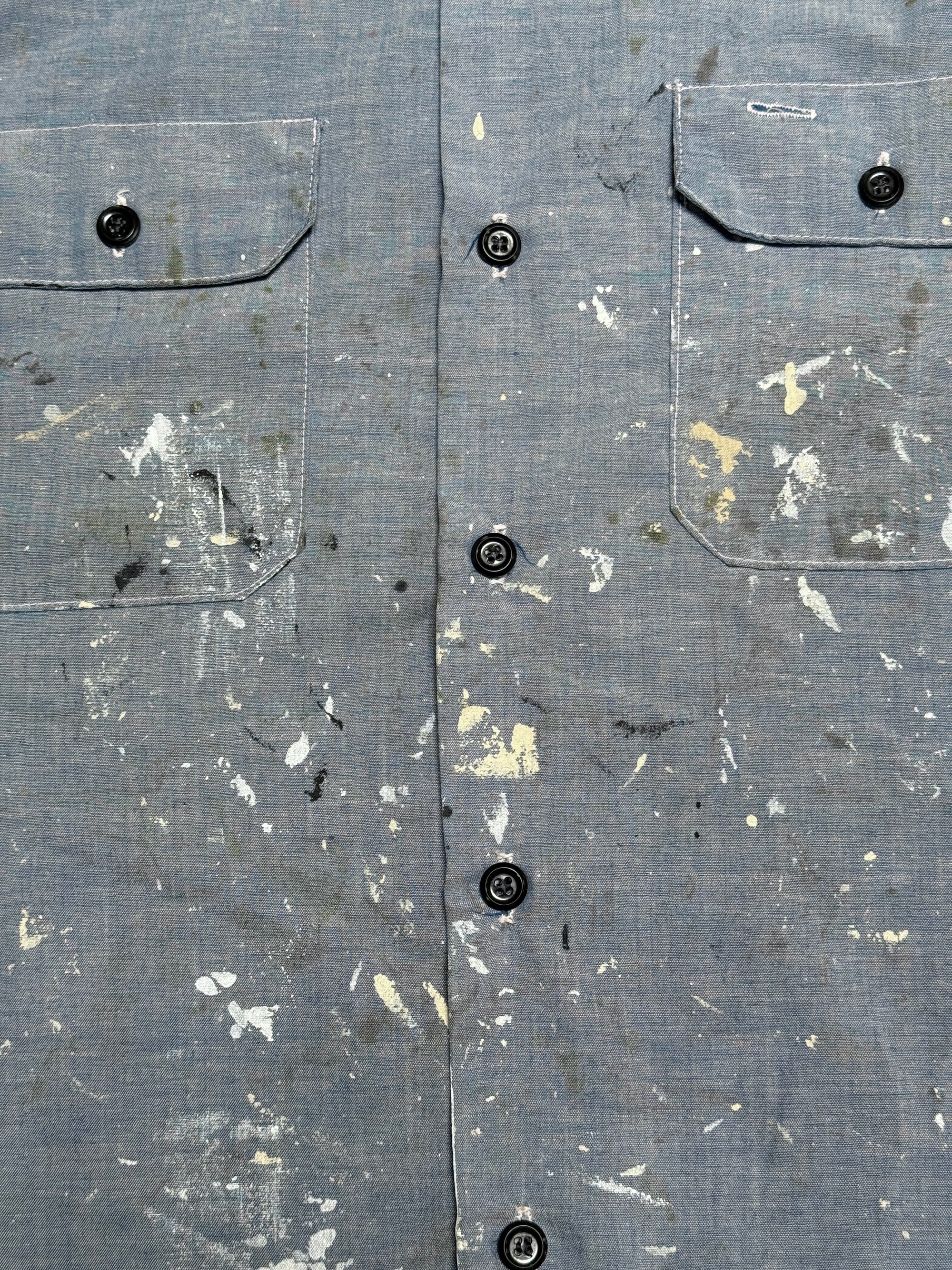 Vintage 1960’s Vintage Chambray Painter Work Shirt | Sears Perma-Prest | Paint Splatter Shirt | Distressed Workwear