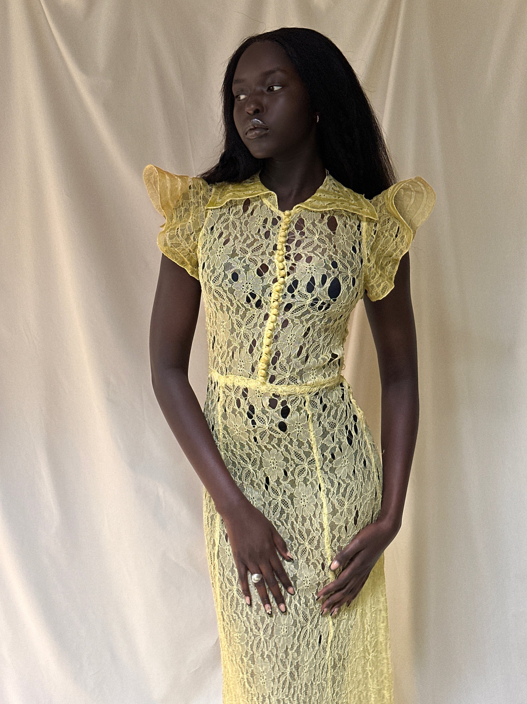 Vintage 1930’s Thrashed Lace Yellow Dress