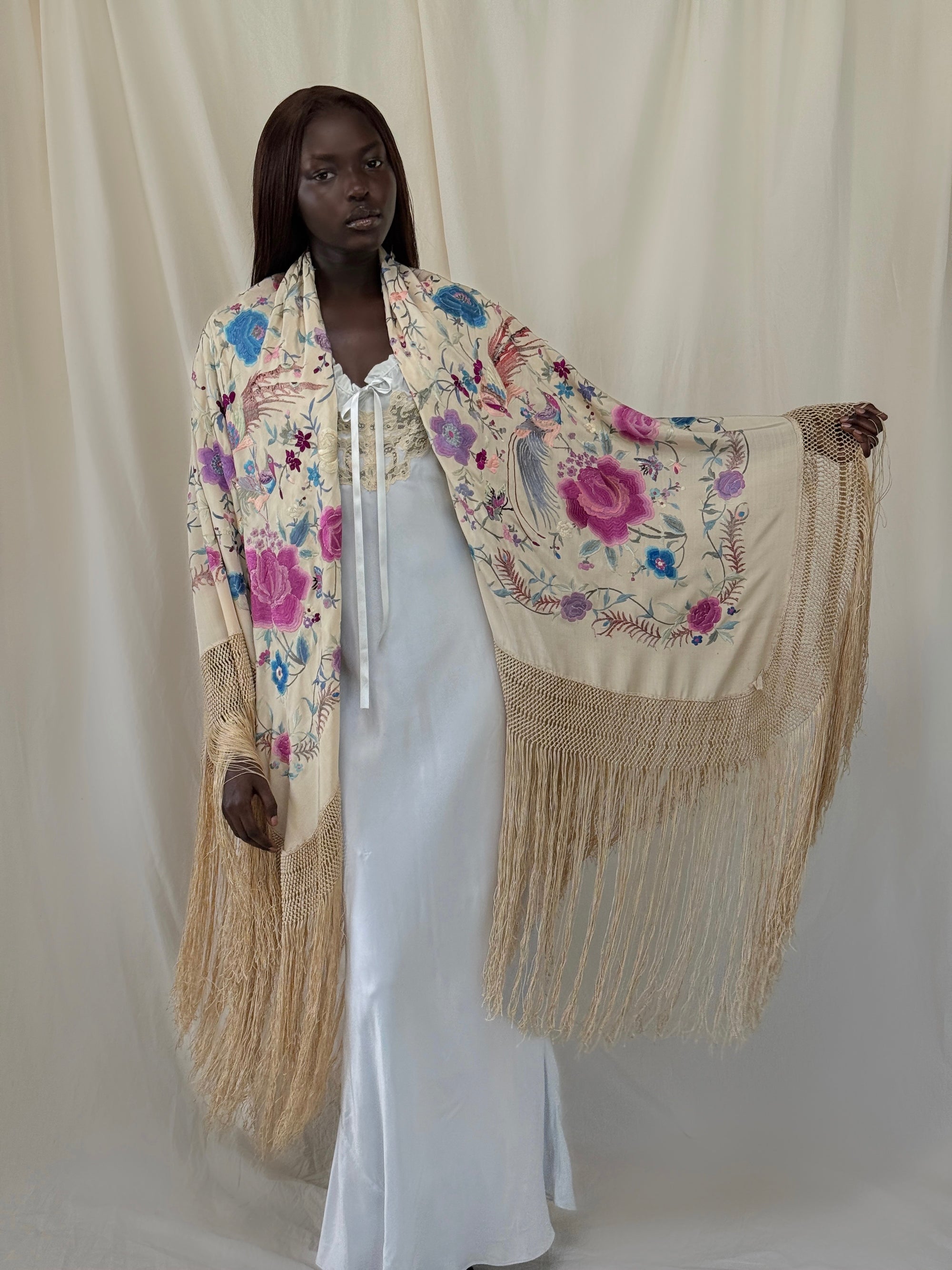 Vintage 1930s Manton de Manila Embroidered Silk Piano Shawl | Floral Bird Butterfly Motif With Long Fringe