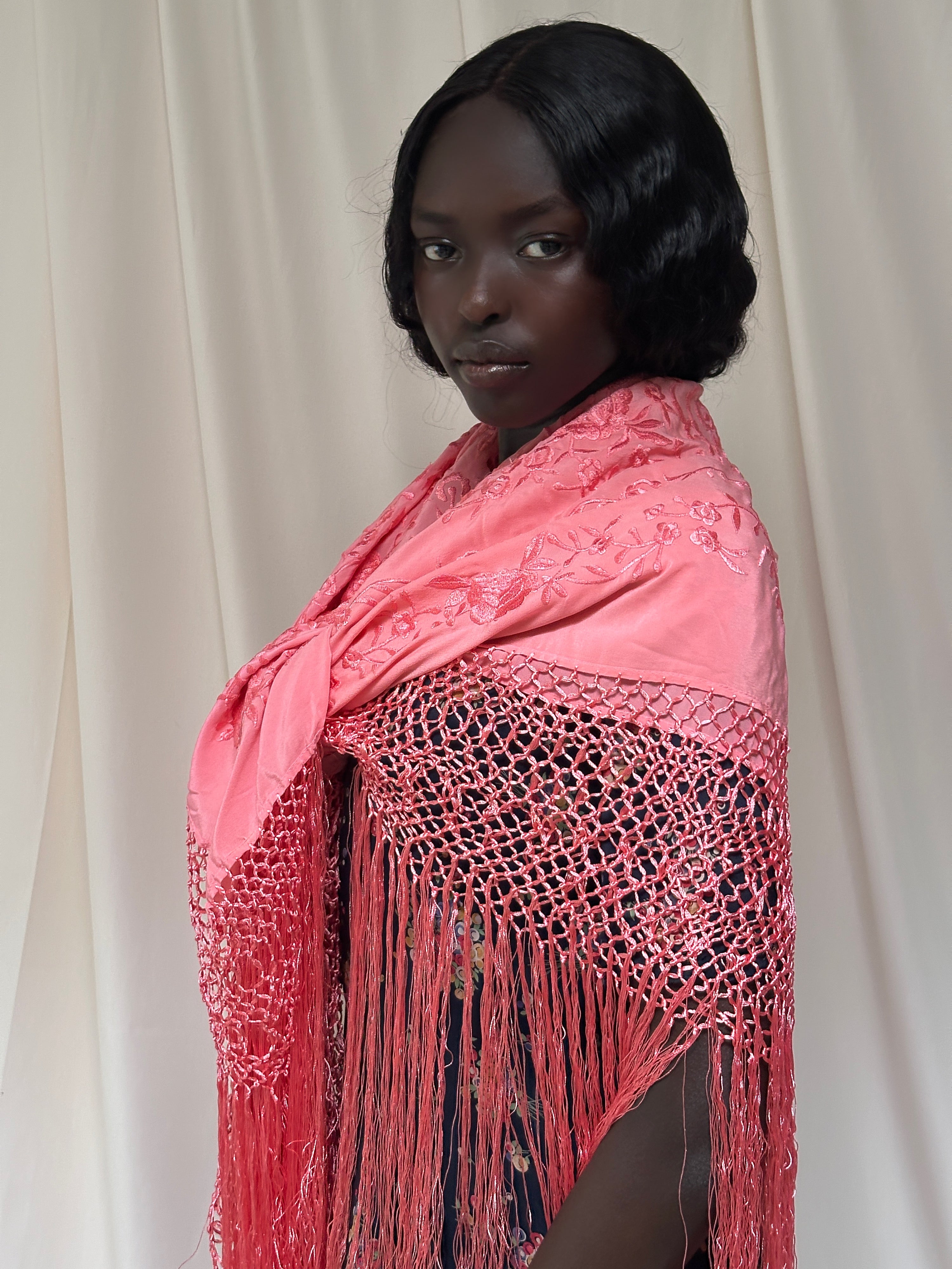 Vintage 1930's Coral Pink Silk Piano Shawl | Floral Embroidery and