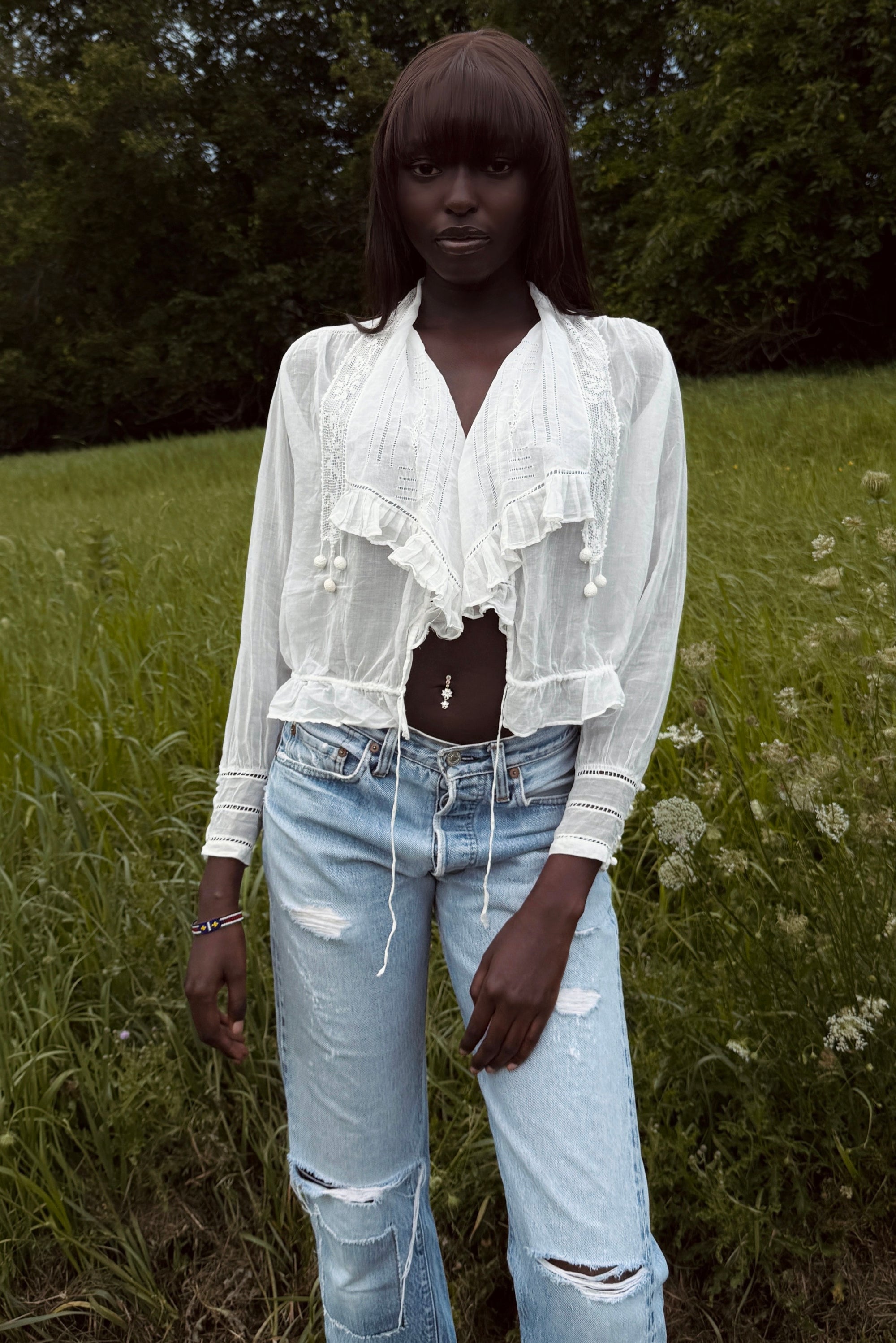 Antique Edwardian Romantic White Gauze Cotton Blouse | Vintage Sheer Top With Pom-Pom Tassels