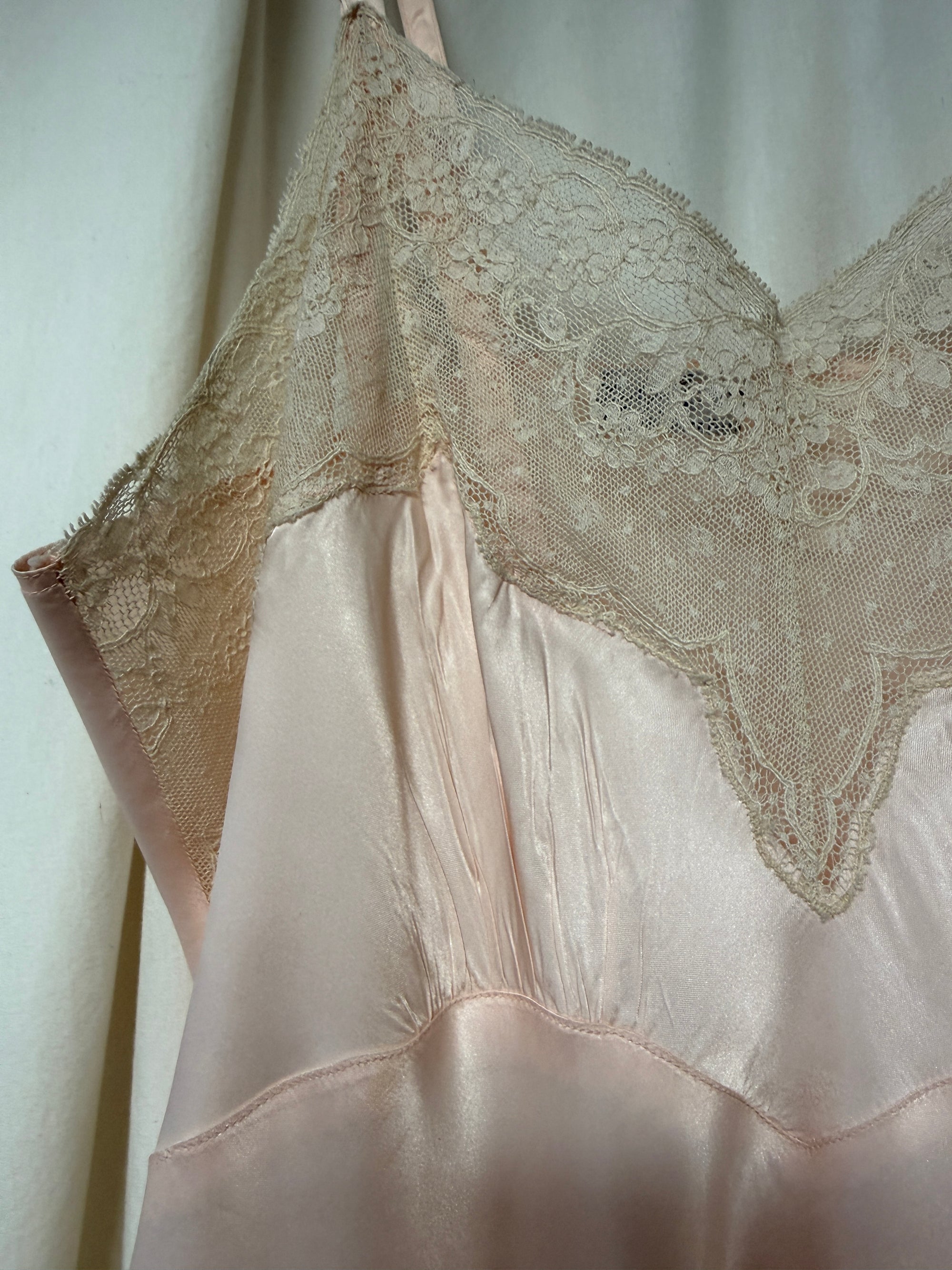 Vintage 1930’s Silk Rayon Slip Dress | Romantic Blush Pink Lace Trim Luxury Lingerie