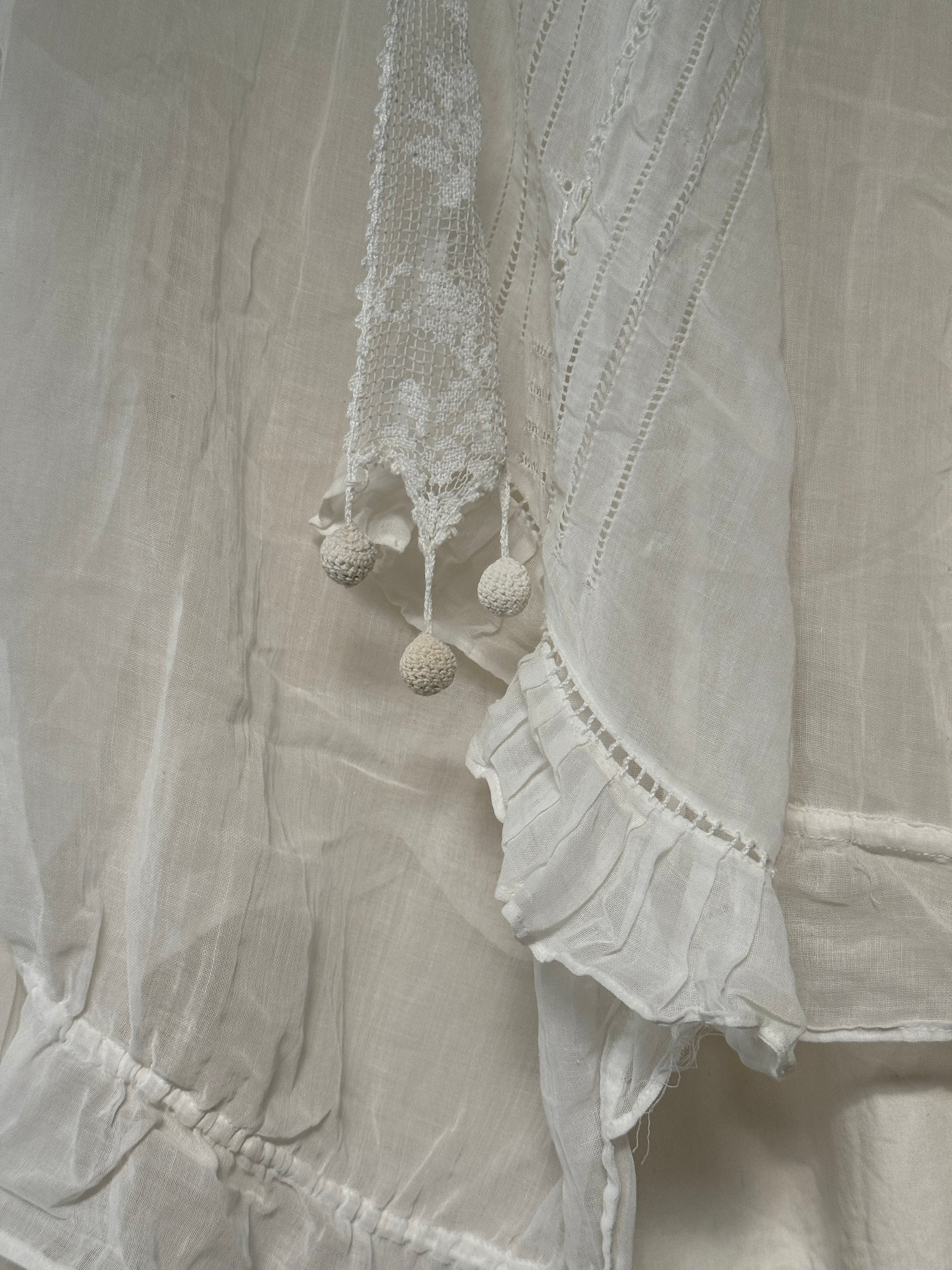 Antique Edwardian Romantic White Gauze Cotton Blouse | Vintage Sheer Top With Pom-Pom Tassels
