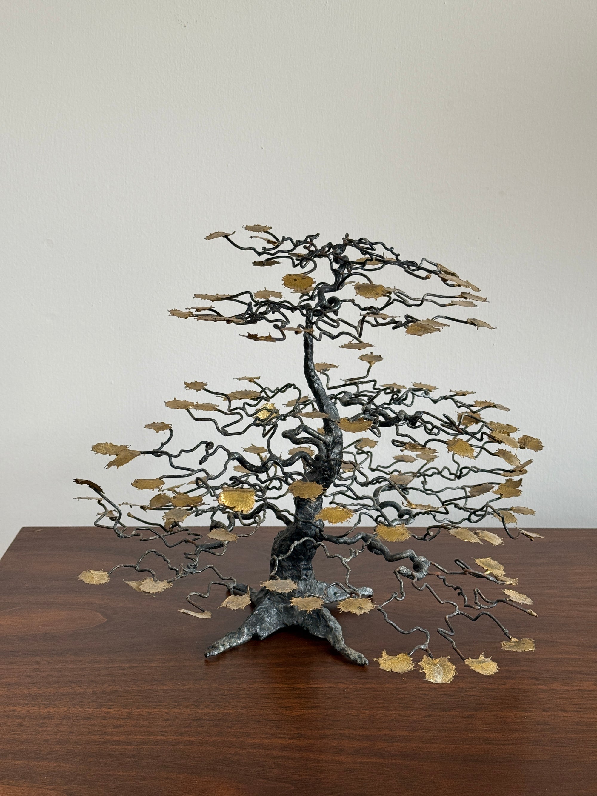 Vintage Brutalist Metal Bonsai Tree Sculpture | Handcrafted Wire Art with Gilt Leaves | Mid Century Modern Decor