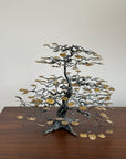 Vintage Brutalist Metal Bonsai Tree Sculpture | Handcrafted Wire Art with Gilt Leaves | Mid Century Modern Decor