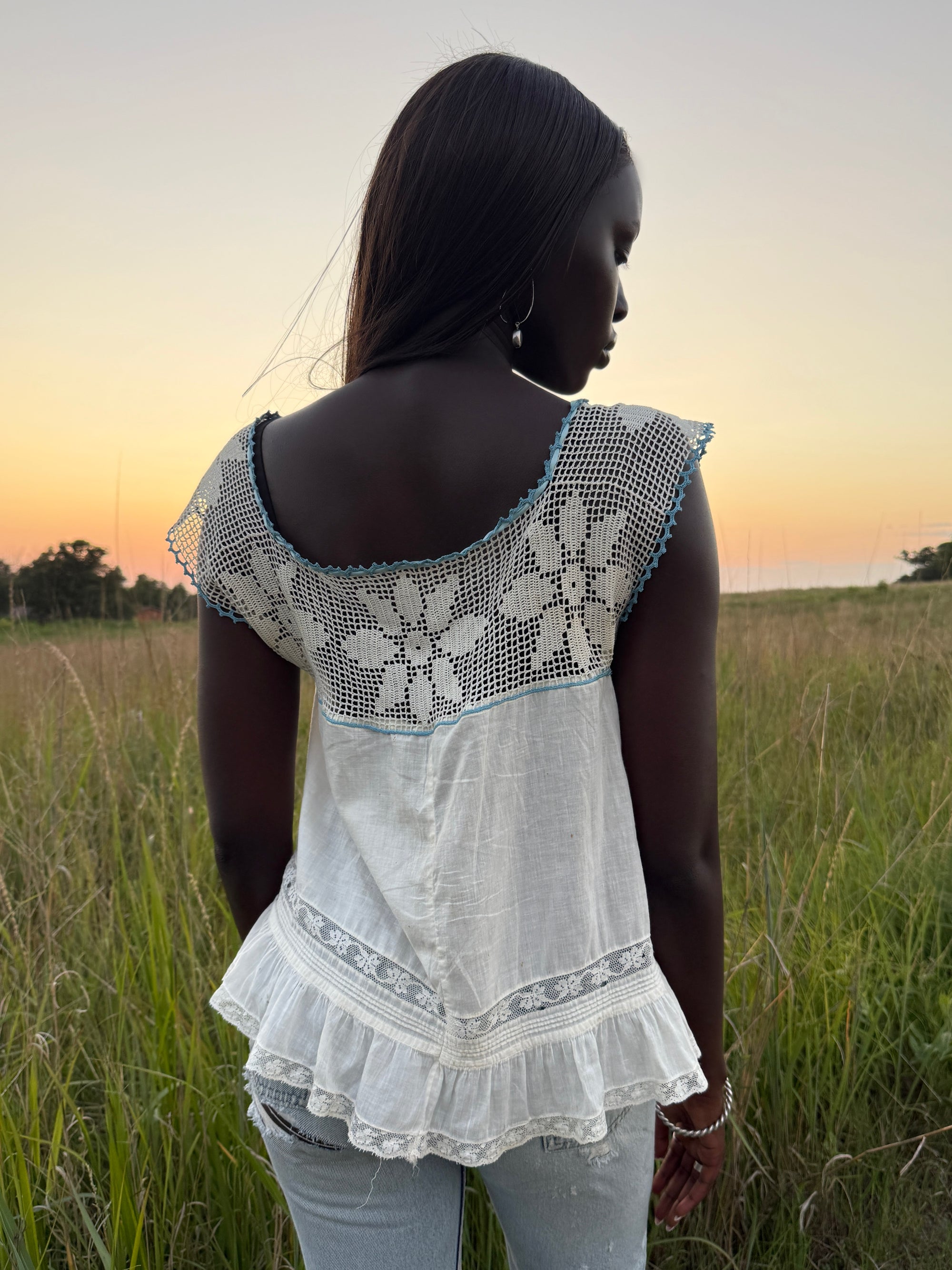Vintage Edwardian Crochet Lace Blouse | White Cotton Ruffle Top with Blue Ribbon | Antique Romantic Cottagecore Boho