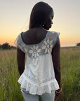Vintage Edwardian Crochet Lace Blouse | White Cotton Ruffle Top with Blue Ribbon | Antique Romantic Cottagecore Boho