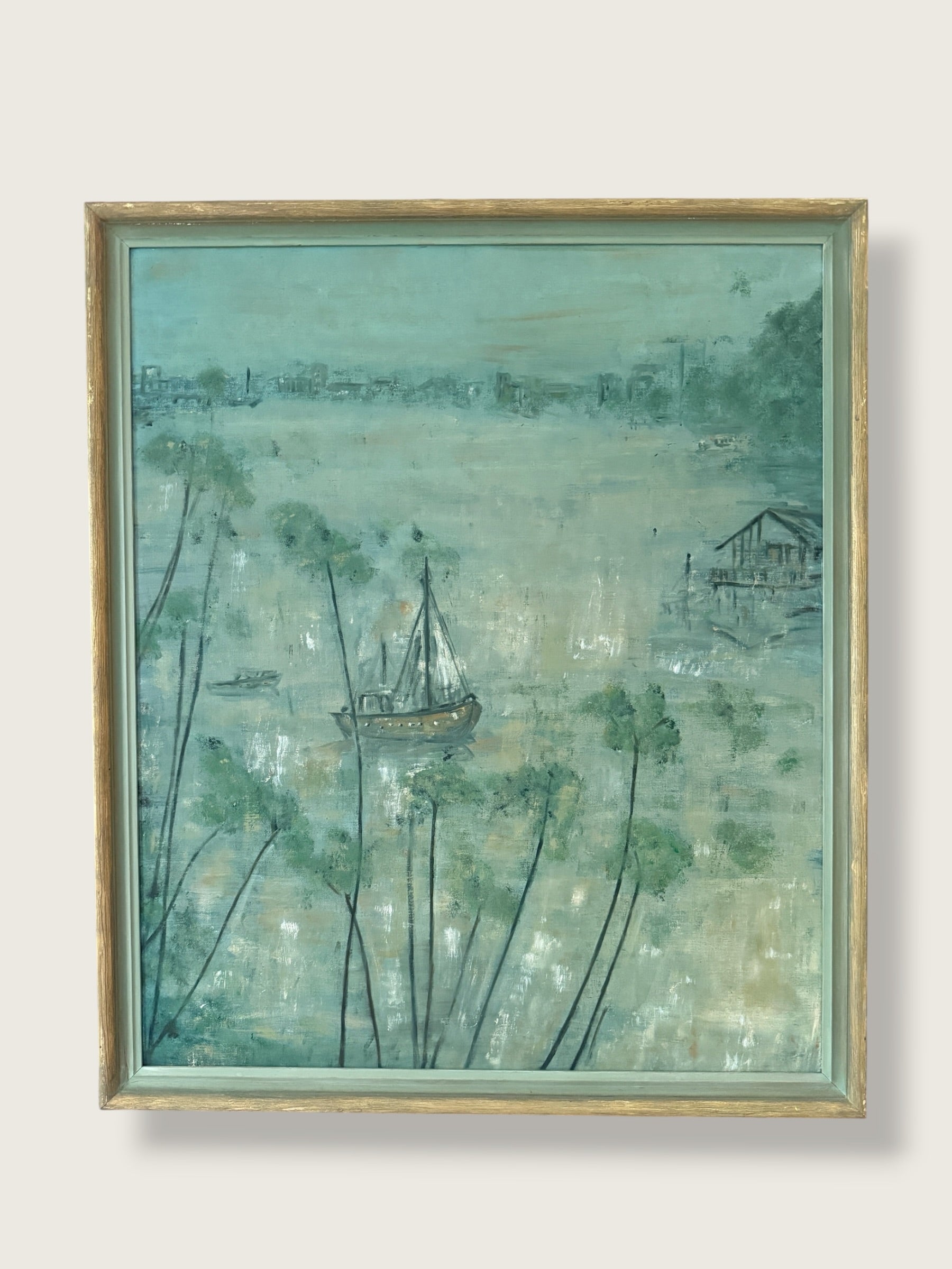 Vintage 1960s Joan Bergevin Mid-Century Modern Impressionist Oil Painting Titled “Evening Retreat” | Vintage MCM Coastal Masterwork Painting