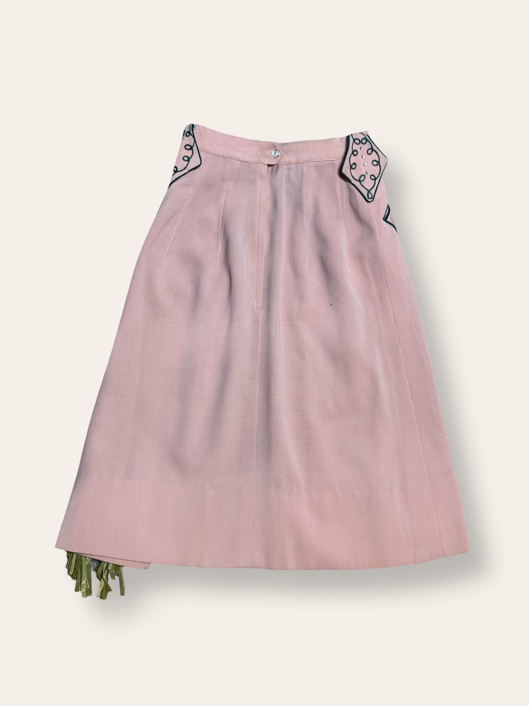 Vintage 1940's Gabardine Hollywood Western Skirt | Chain Stitch Embroidery, Rhinestones &amp; Suede Fringe