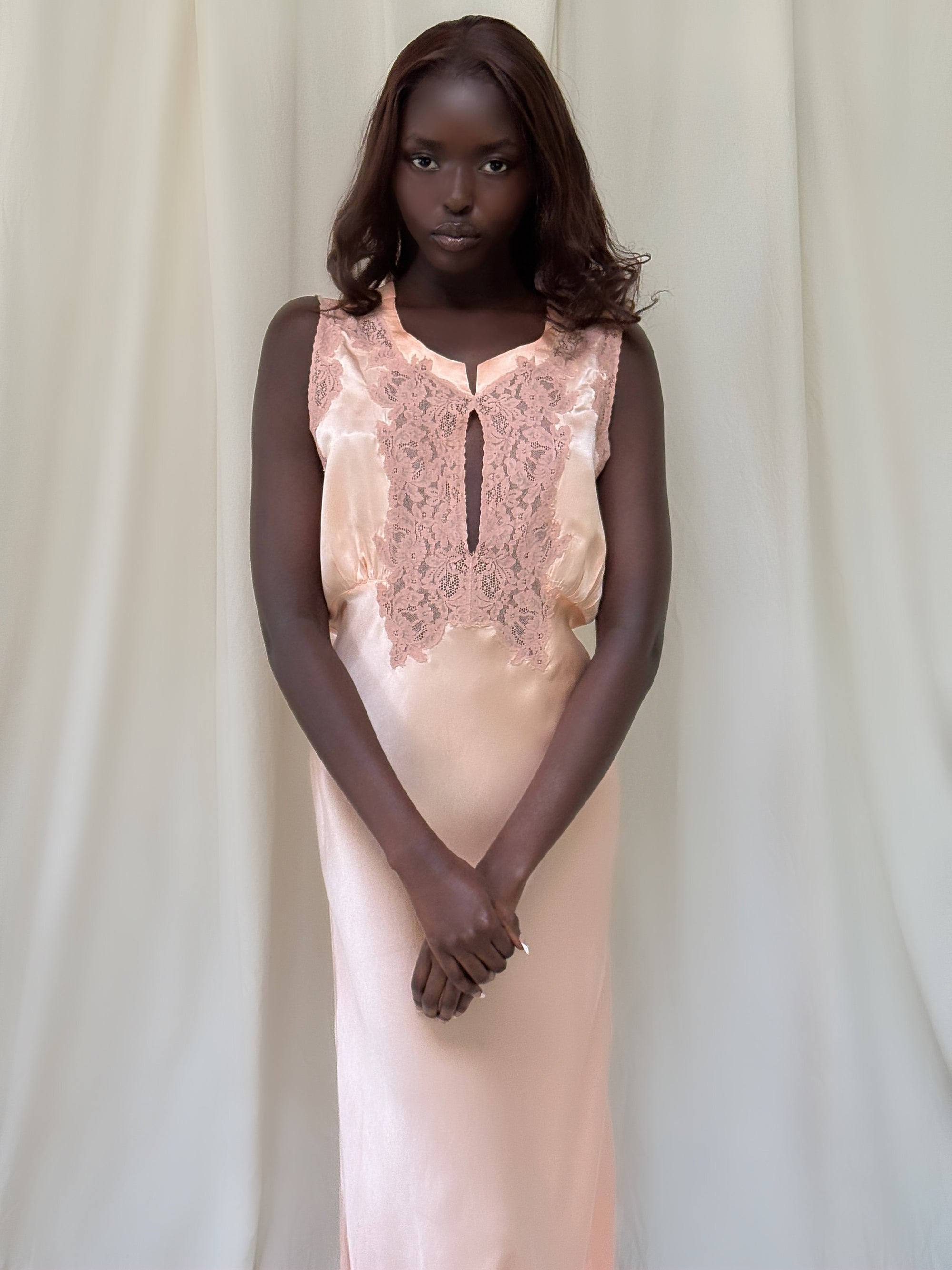 Vintage 1930’s Silk Rayon Bias Cut Lace Slip Dress | Old Hollywood Glamour Keyhole Silk Nightgown
