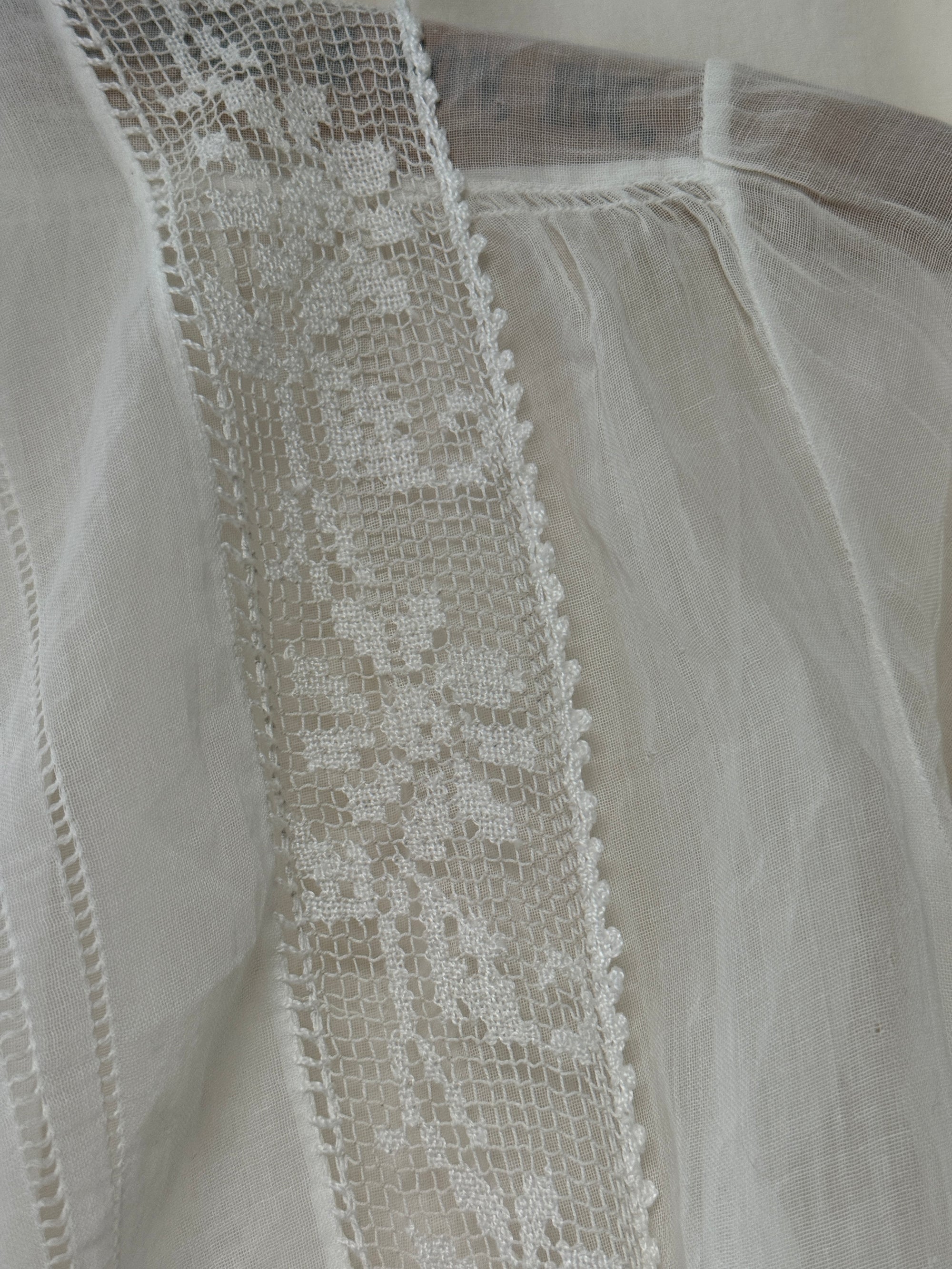 Antique Edwardian Romantic White Gauze Cotton Blouse | Vintage Sheer Top With Pom-Pom Tassels