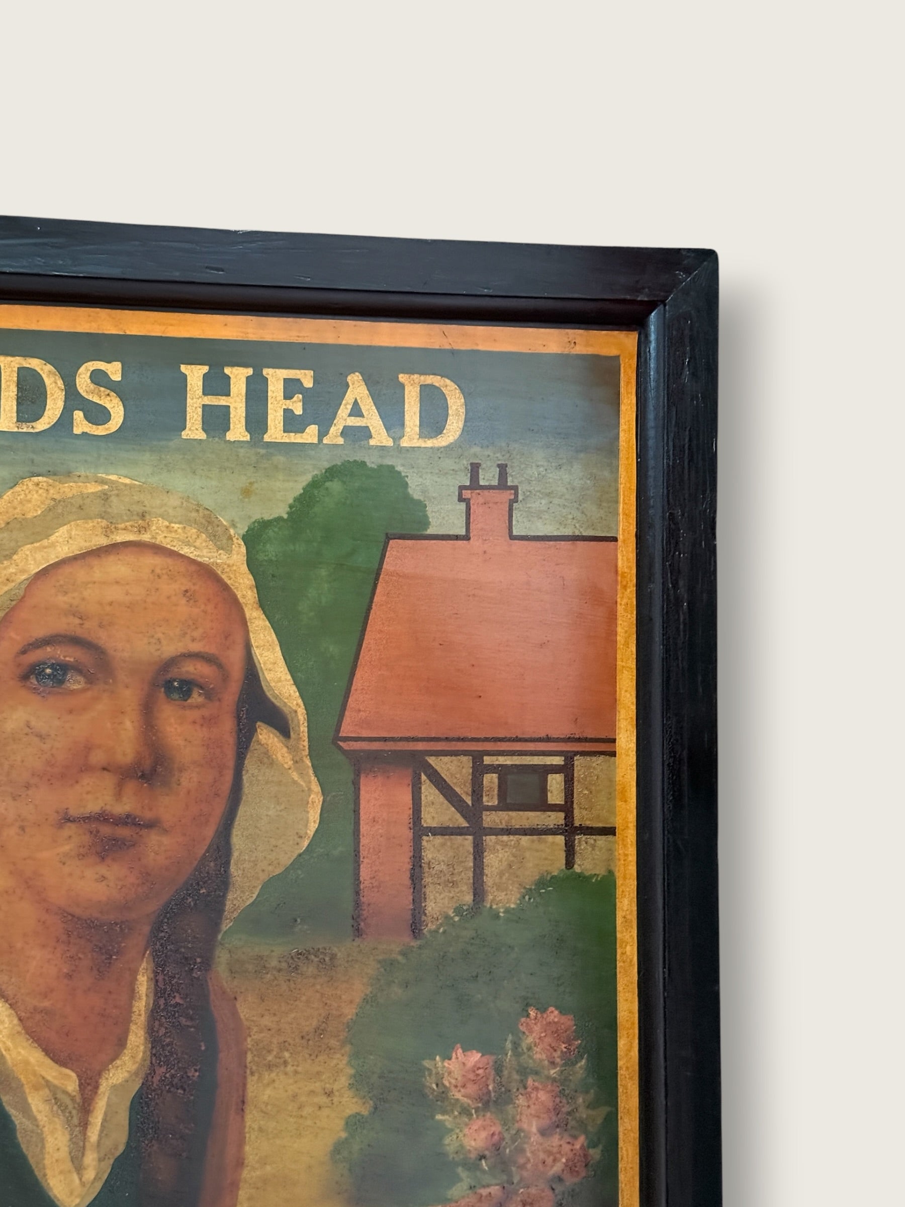 Vintage English MCM Pub Sign "Maids Head" | Mid Century Horse &amp; Cart Tavern Wall Art | Framed British Bar Hand Painted Art