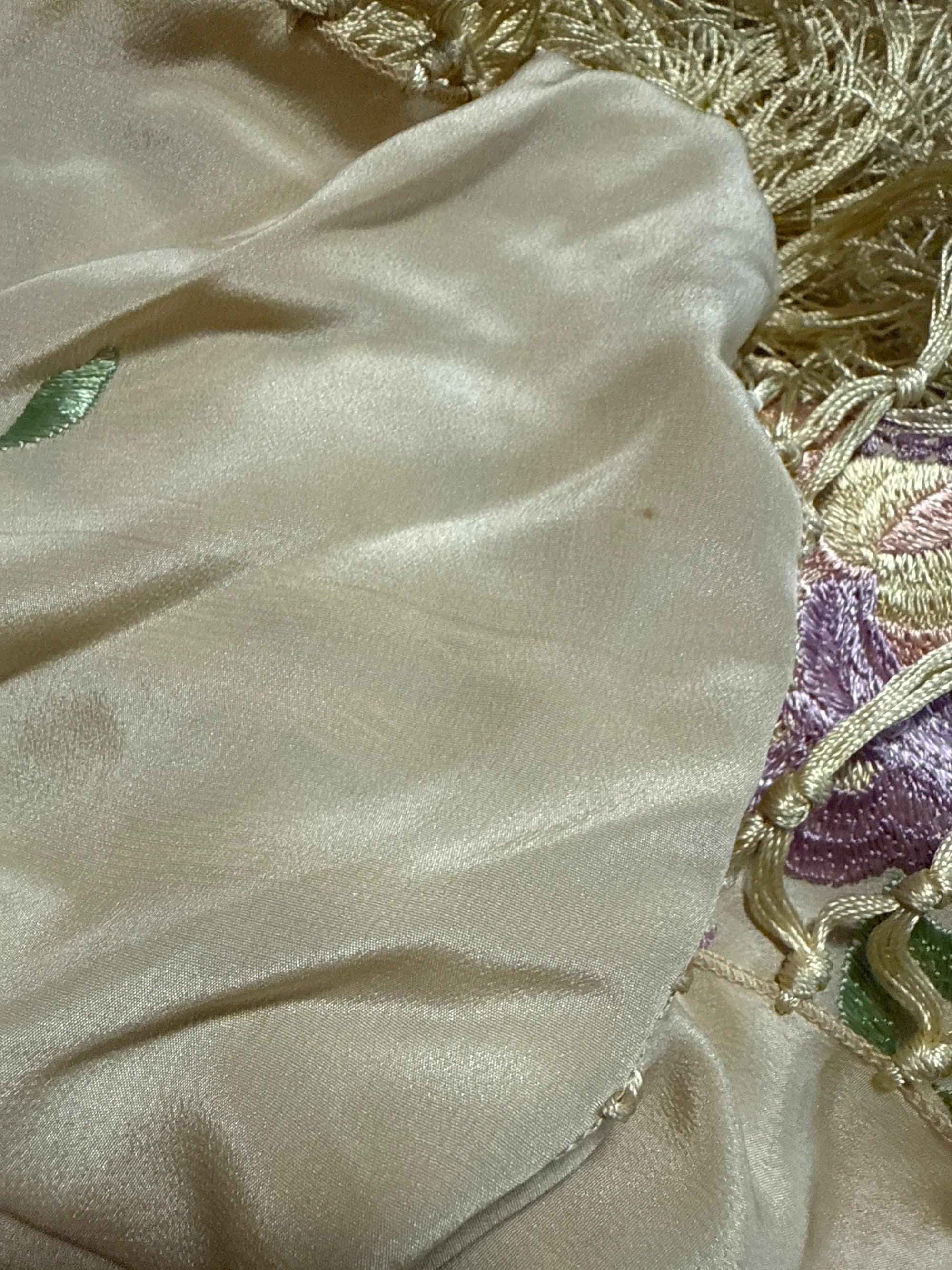Vintage 1920’s Manton De Manila Silk Embroidered Long Fringe Piano Shawl | Romantic Floral Pastel