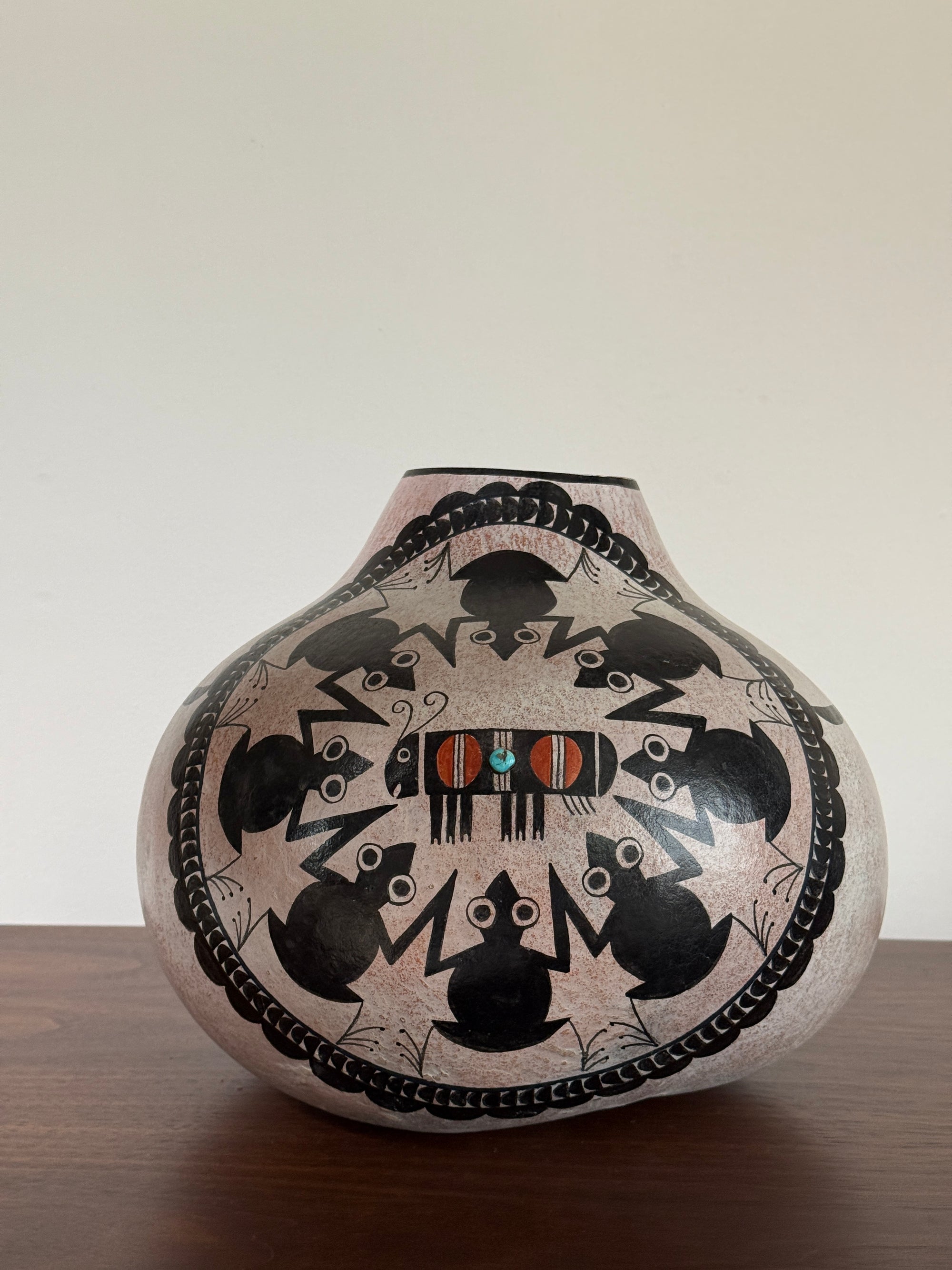 Vintage Robert Rivera Large Painted Gourd Vase | Mimbres Design Turquoise Inlay Hand Painted Bowl