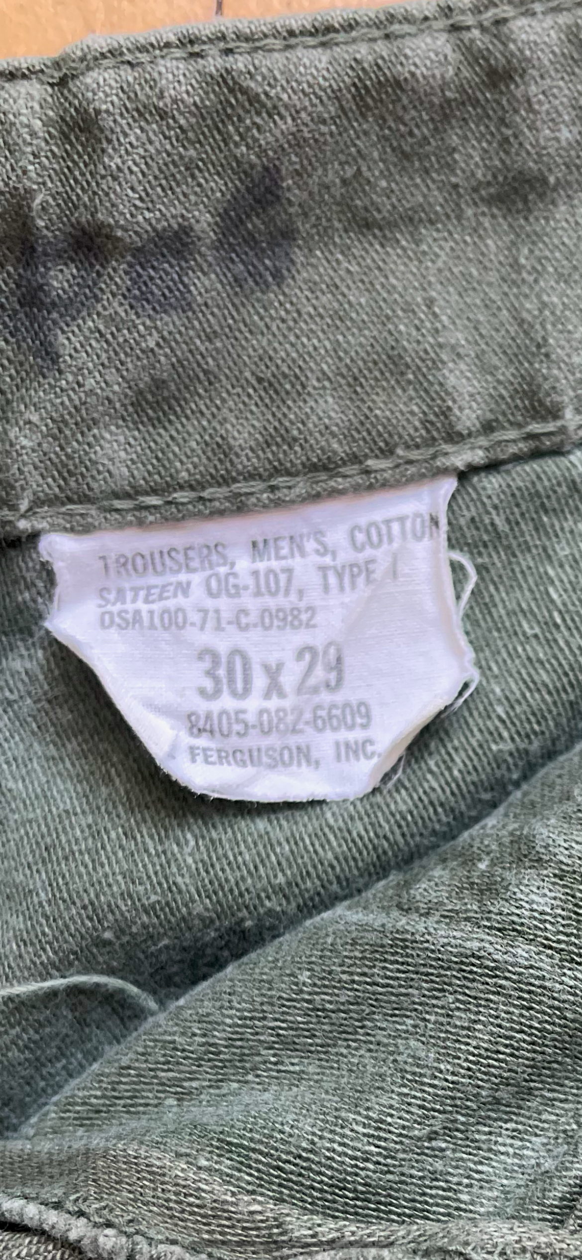 Vintage 1970’s US Army Issue Sateen OG-107 Baker Pants With Paint Splatter W:30