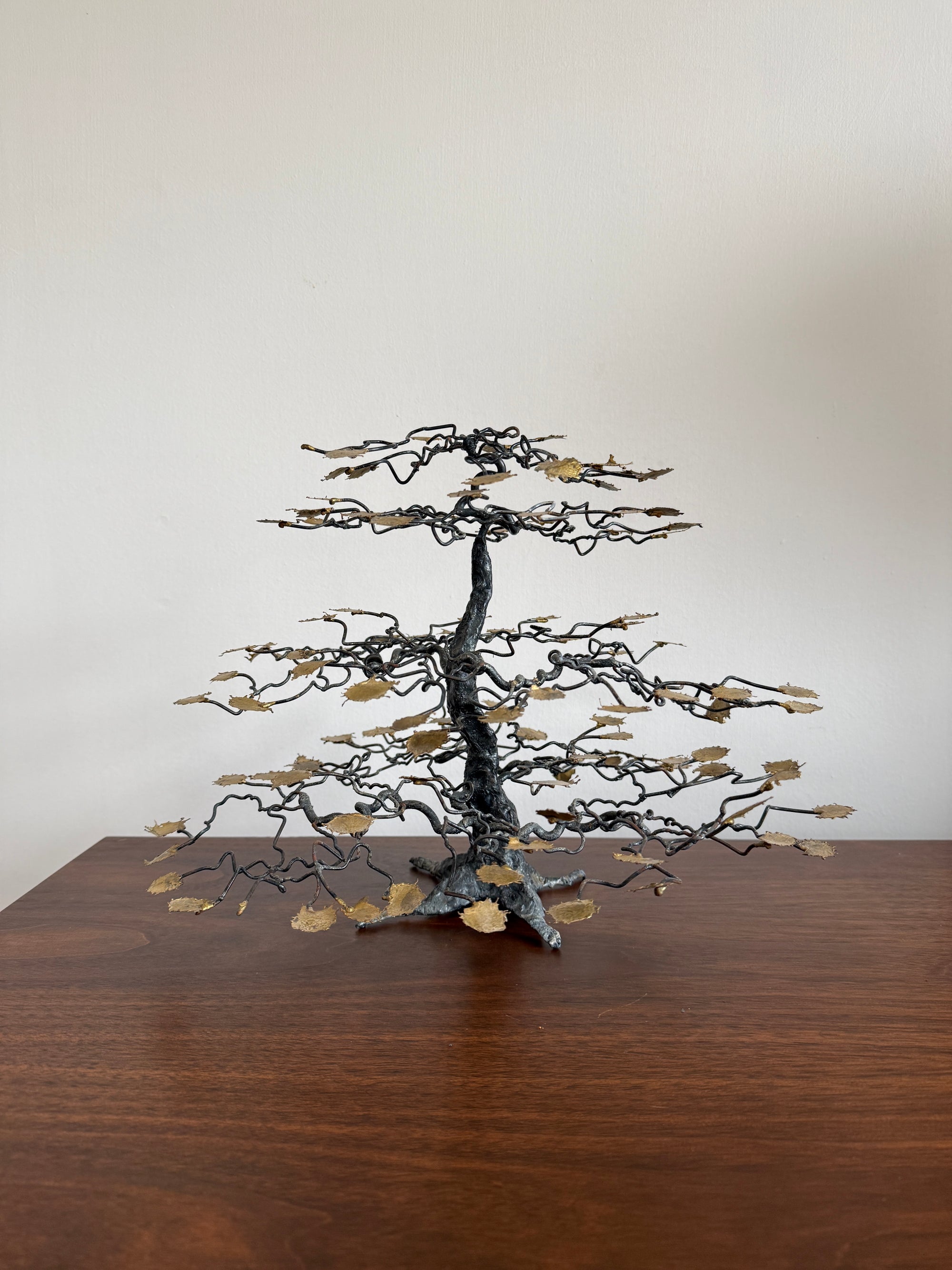 Vintage Brutalist Metal Bonsai Tree Sculpture | Handcrafted Wire Art with Gilt Leaves | Mid Century Modern Decor