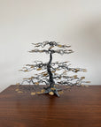 Vintage Brutalist Metal Bonsai Tree Sculpture | Handcrafted Wire Art with Gilt Leaves | Mid Century Modern Decor