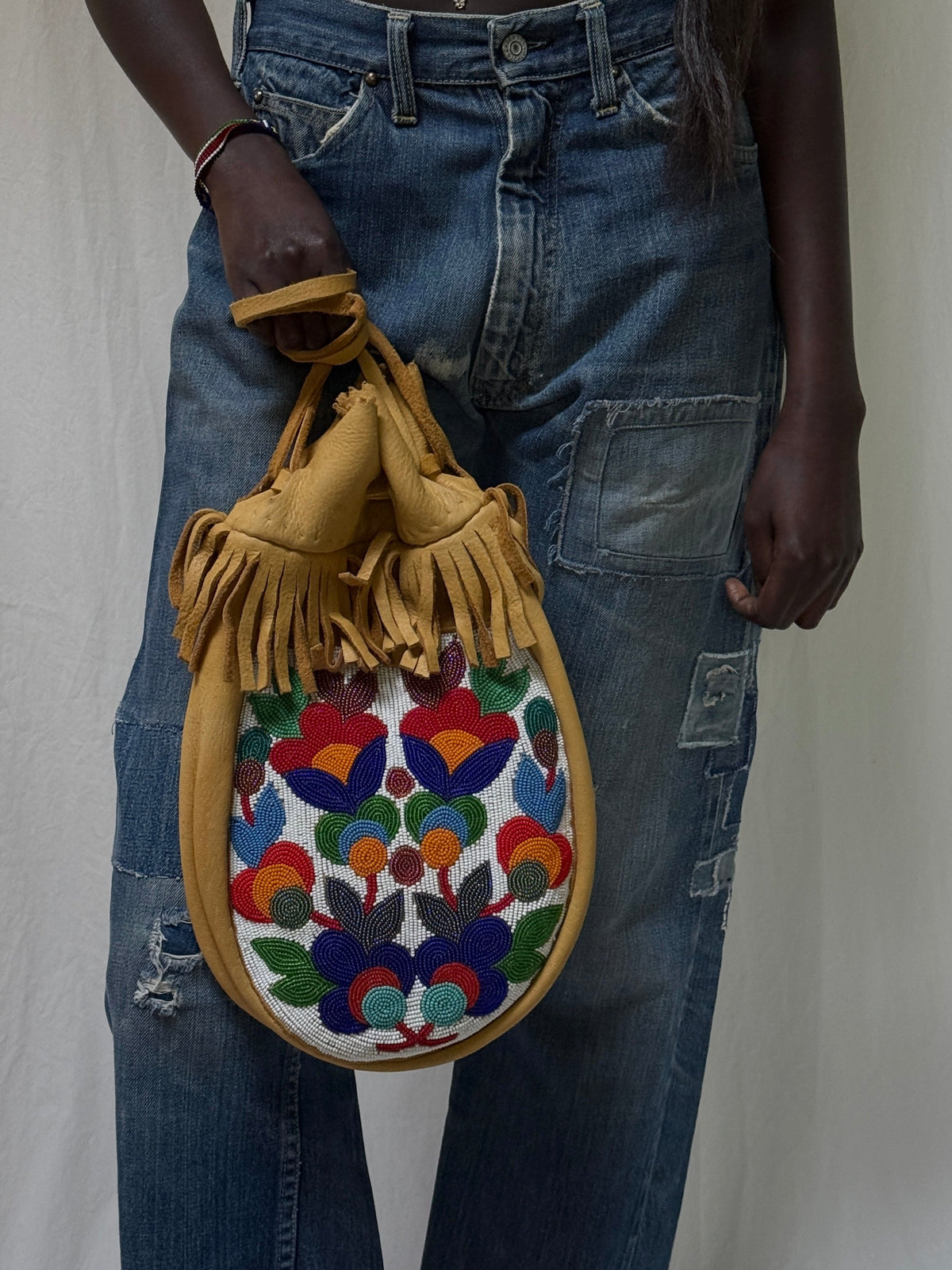 Vintage 1950s Northern Plains Medicine Bag Native American Beaded Leather Bag | Floral Seed Bead Design | Handmade Tribal Art Purse