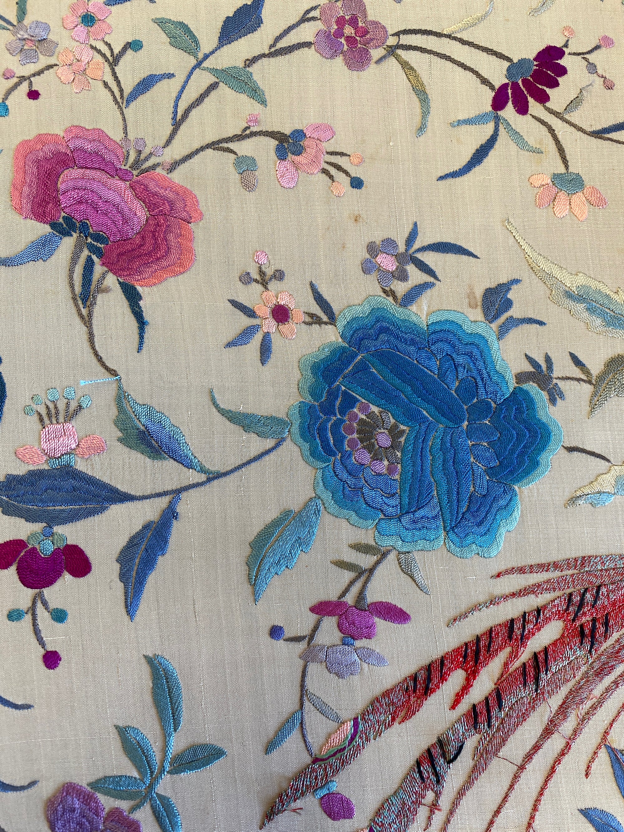 Vintage 1930s Manton de Manila Embroidered Silk Piano Shawl | Floral Bird Butterfly Motif With Long Fringe