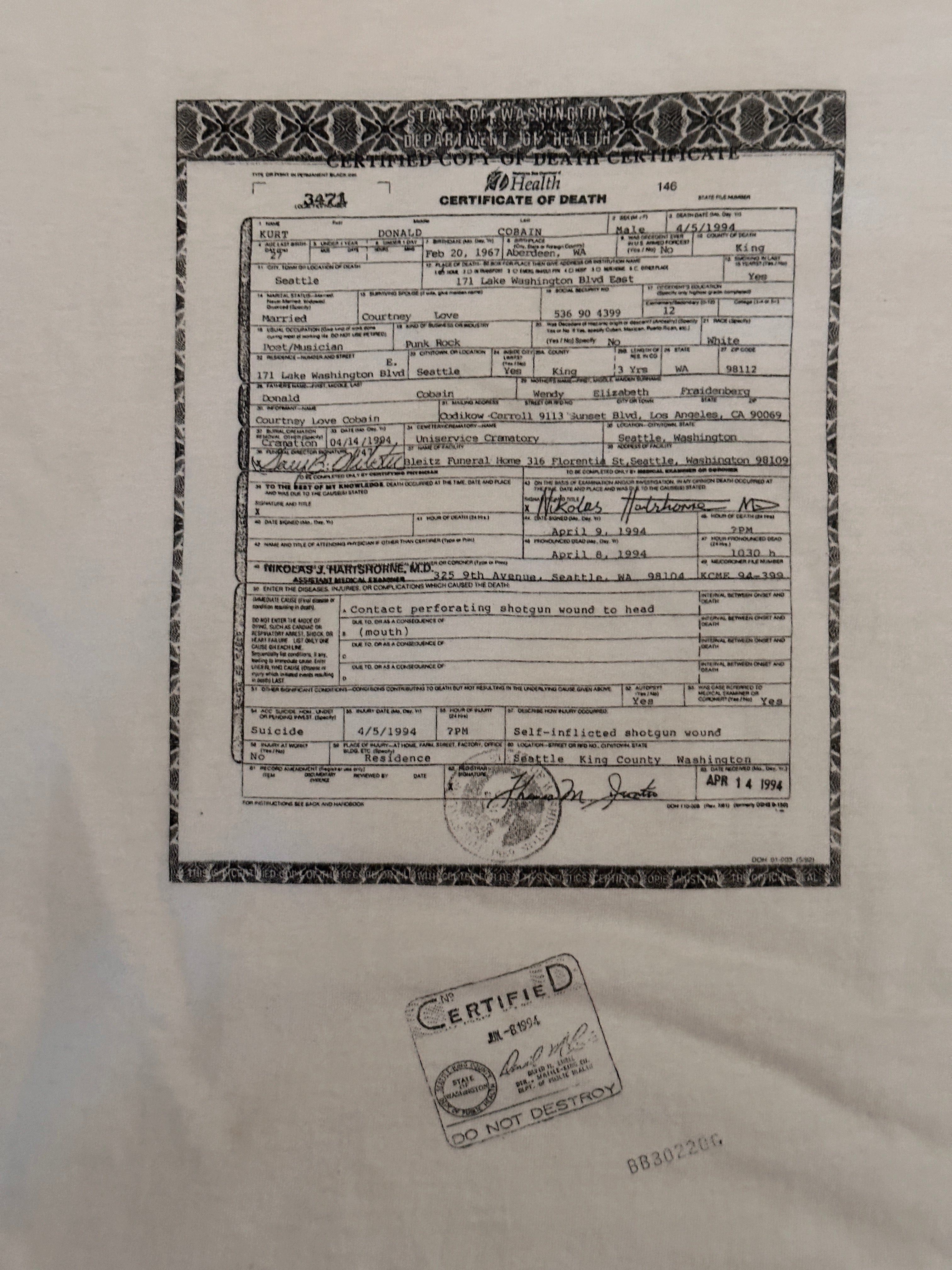 Vintage 1990's Kurt Cobain Death Certificate Nirvana T-shirt