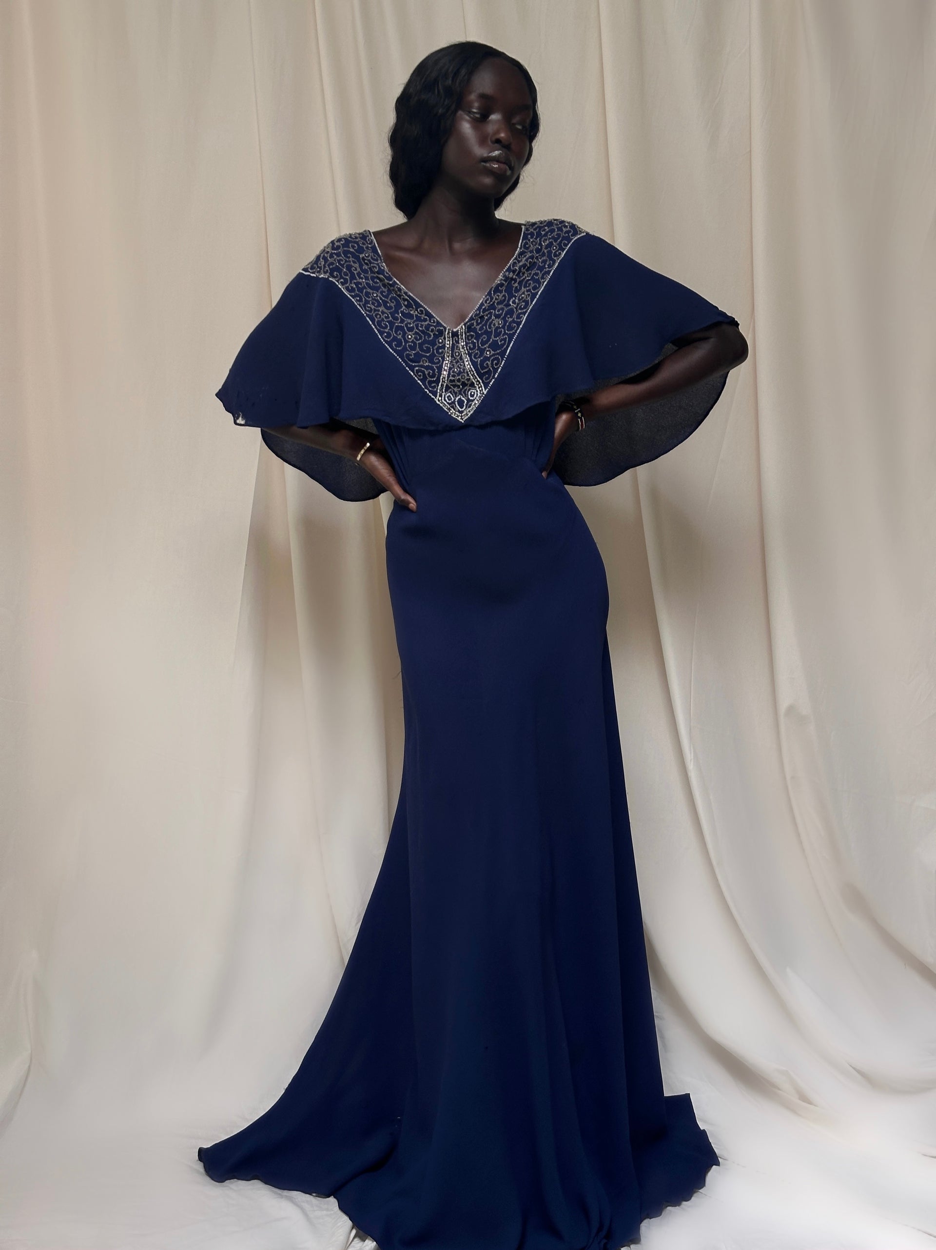 1940s evening dresses for sale Vintage Beaded Navy Crepe Gown length: Midi Sequin Cape Sleeve Bridal You can confidently wear Silk Satin Colors:Dusty Rose 870