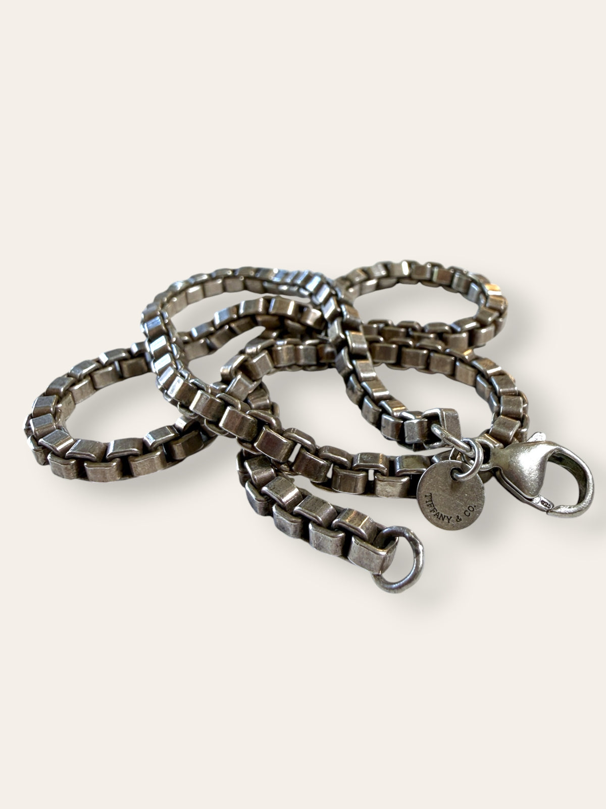 Vintage Tiffany &amp; Co. Sterling Silver Venetian Box Chain Necklace | Classic Round Tag | 17” Chunky Silver