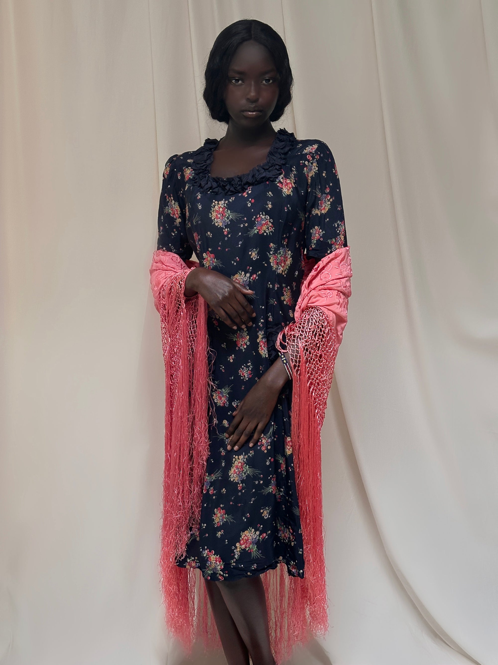 romantic silk dress MORANE golden jacquard long romantic silk dress with puffy sleeves Maisoncleo