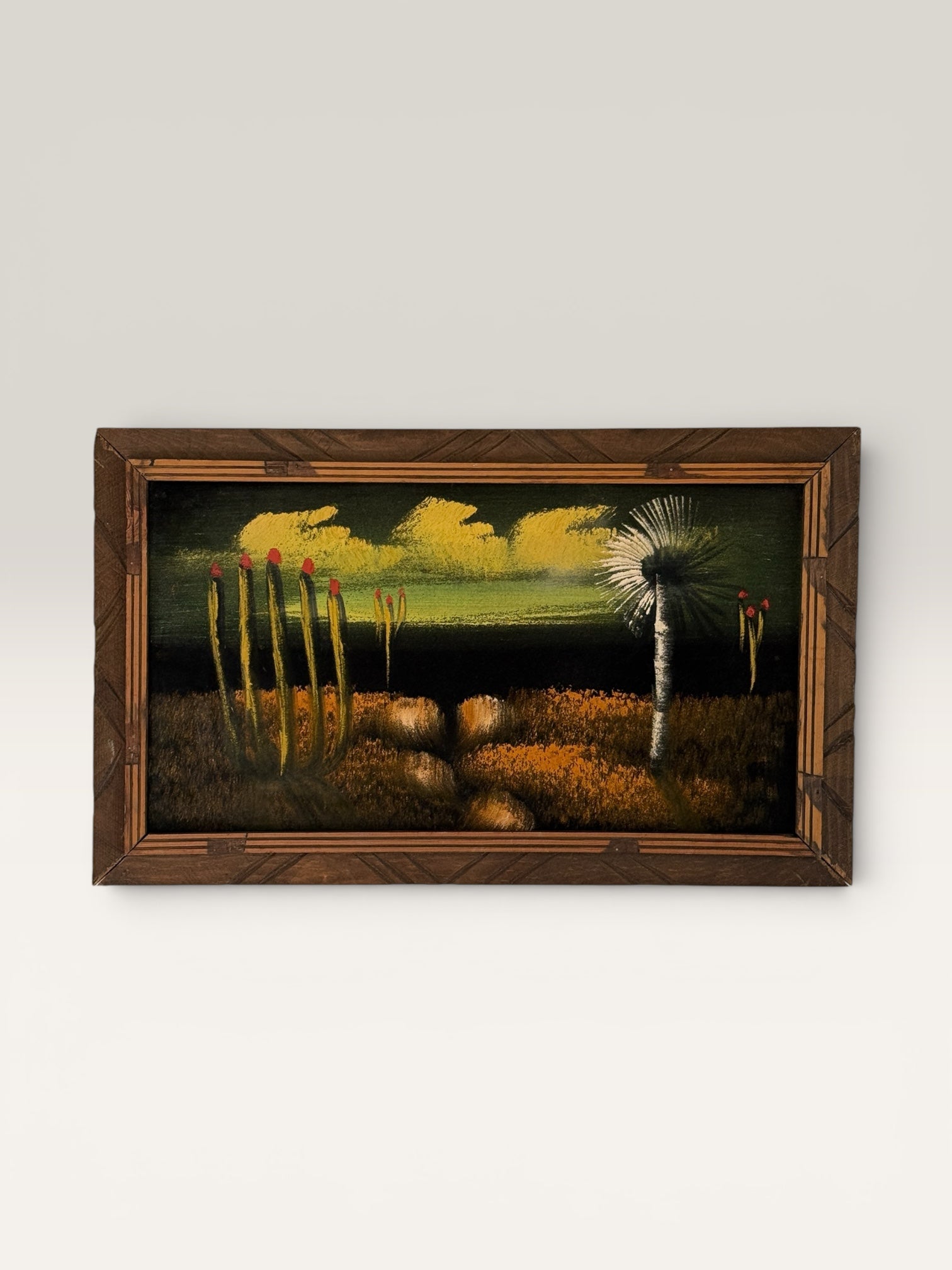 Vintage Mid Century Modern Desert Landscape Black Velvet Painting | MCM Cactus &amp; Yucca Wall Art | Southwestern Framed Original Artwork