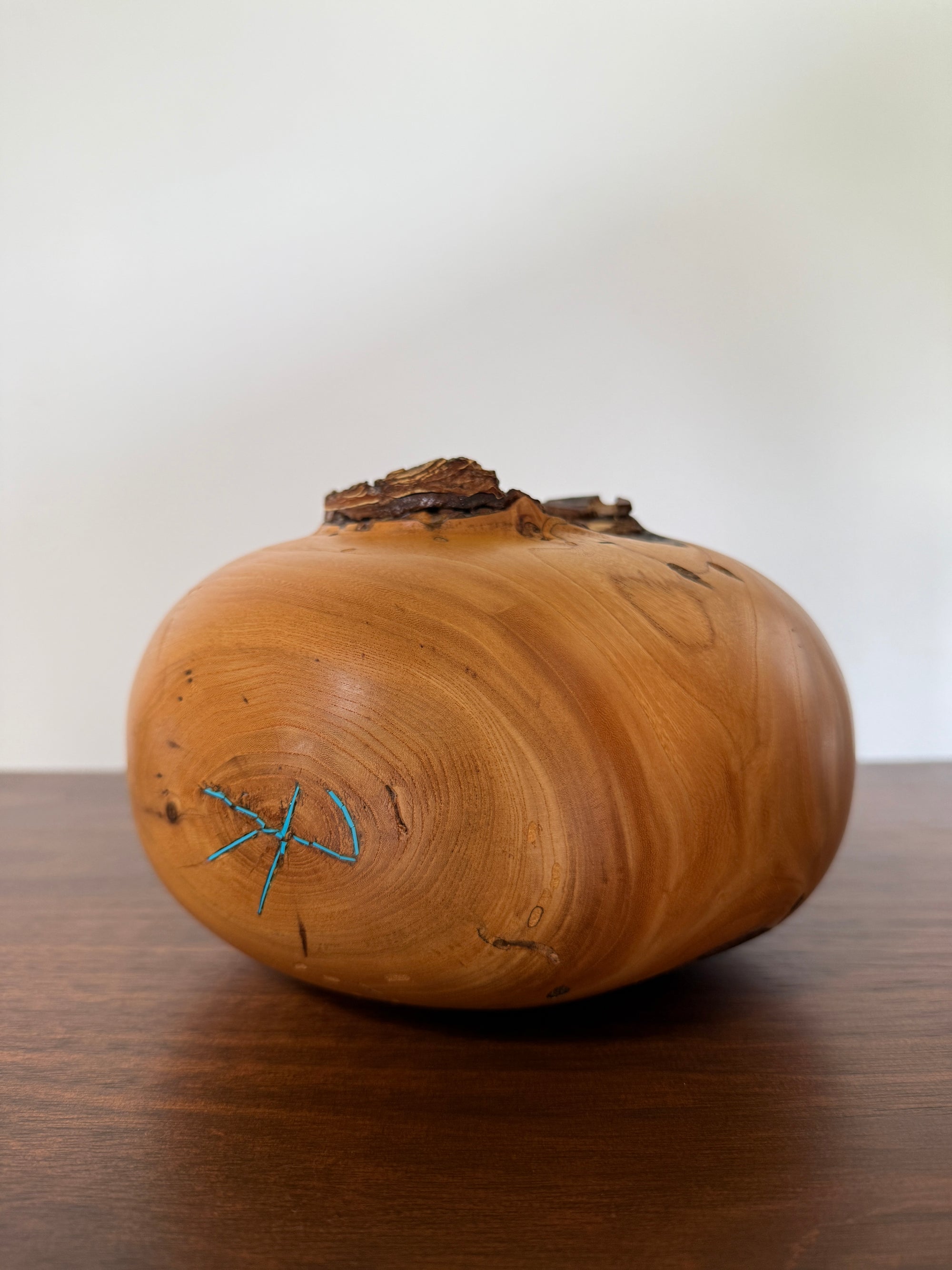 Vintage Signed Hand Turned Elm Fork Turquoise Inlay Burl Wood Bowl | Live Edge Natural Art Turned Vessel