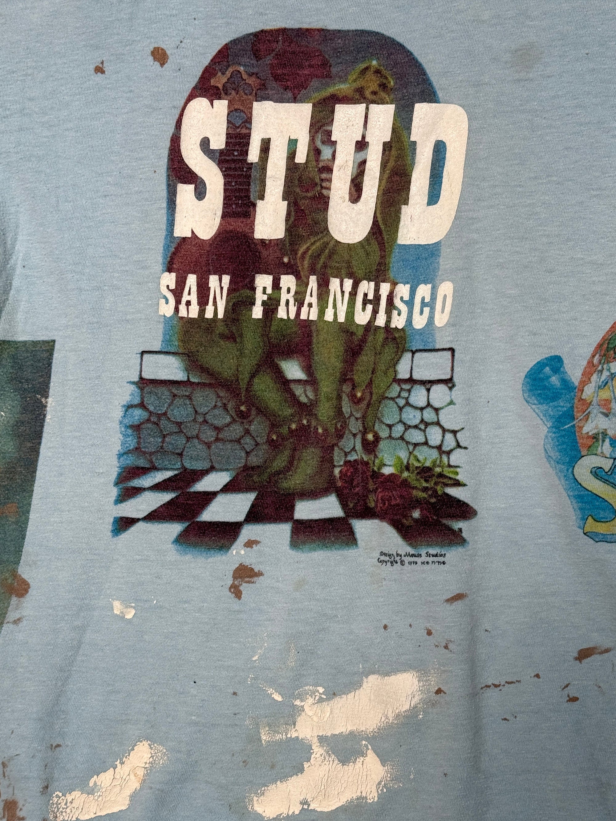 Vintage 1976 Kelley Mouse Studio Test Print T-Shirt | STUD San Francisco Bar | Grateful Dead Graphic Jester and Rose Tee | Rare 1970s Psychedelic Art T-Shirt