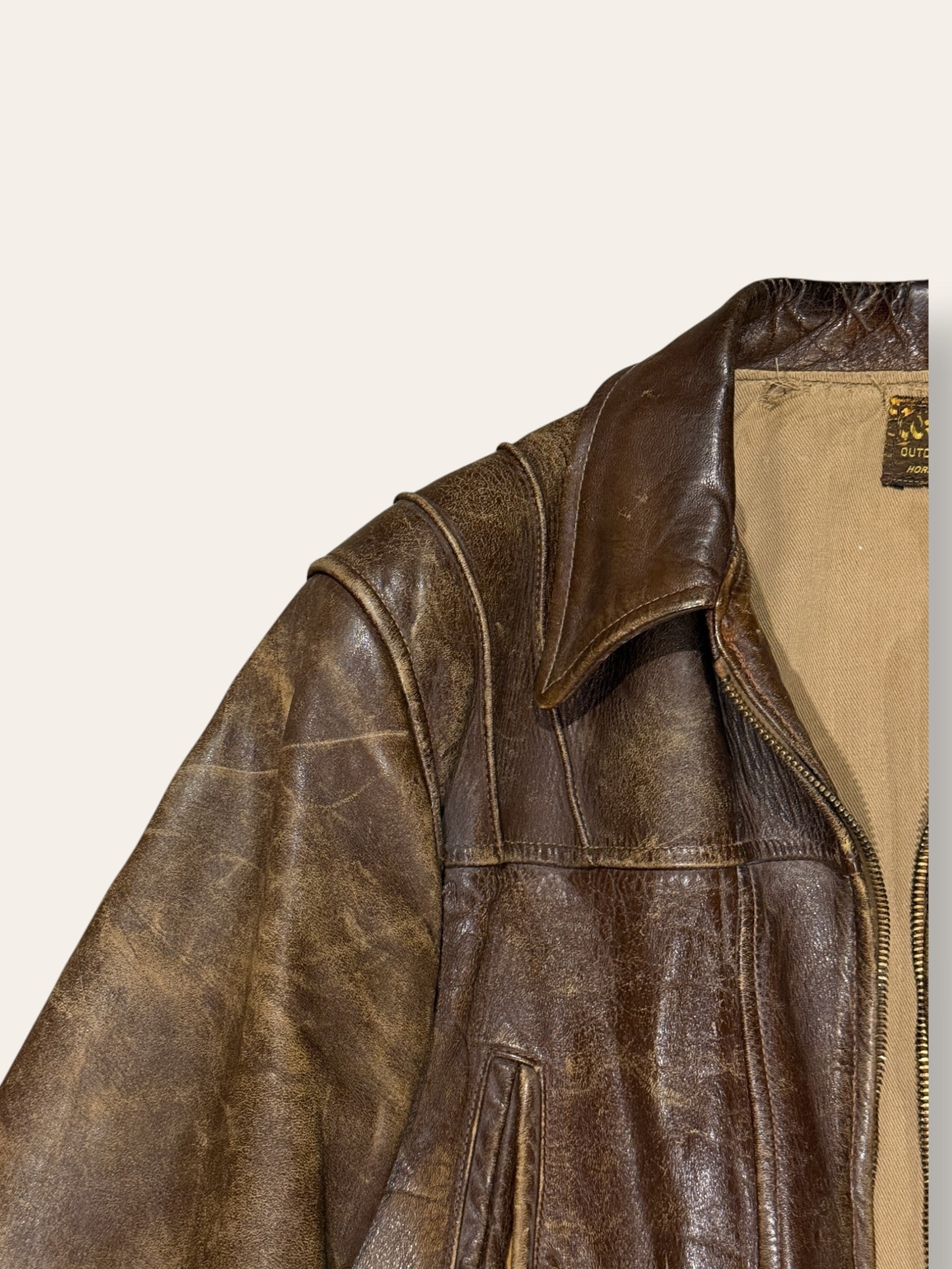 Vintage 1940-50s Windward Horsehide Leather Jacket | Montgomery Ward Brown Belted Back Jacket
