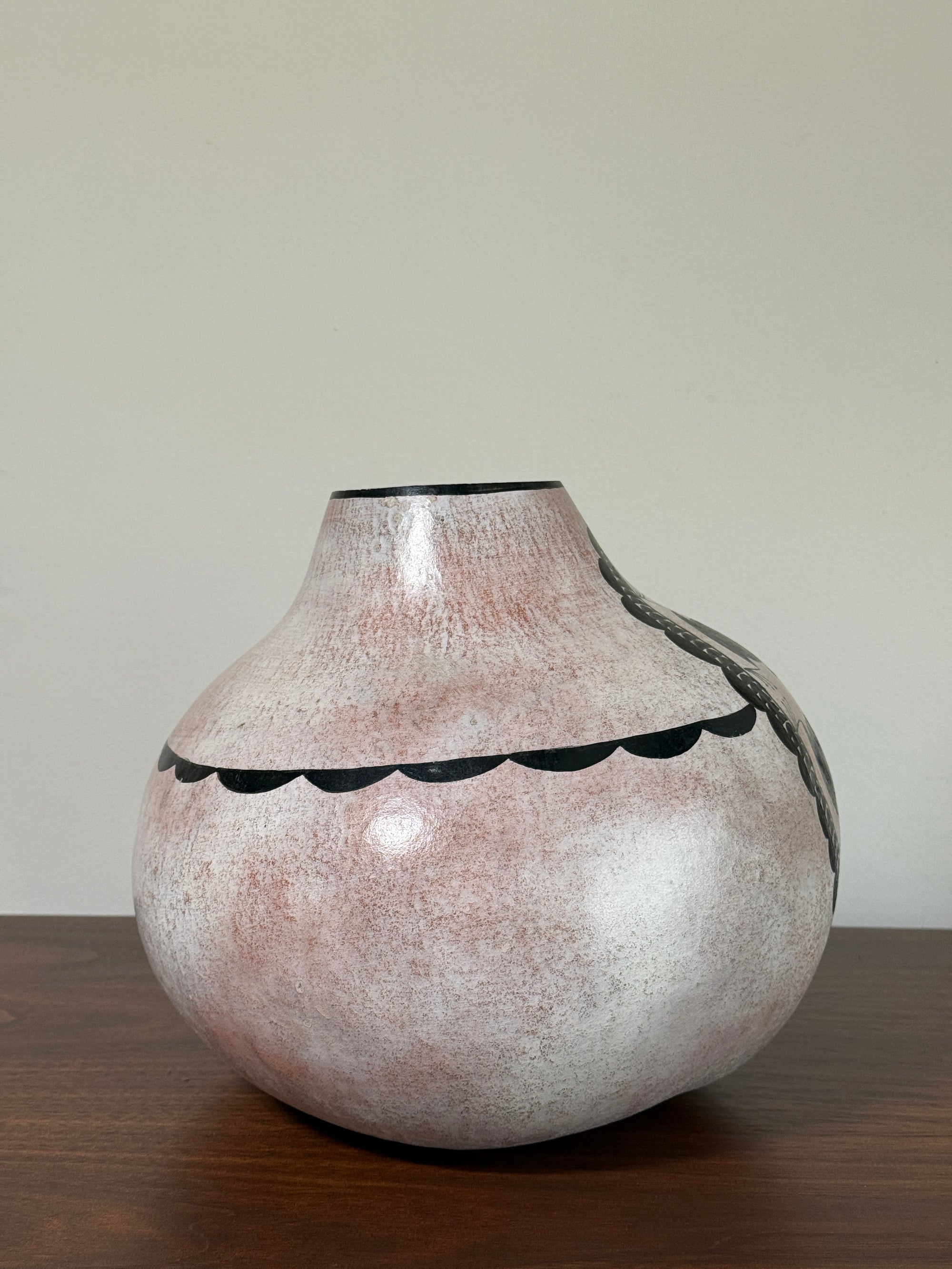 Vintage Robert Rivera Large Painted Gourd Vase | Mimbres Design Turquoise Inlay Hand Painted Bowl