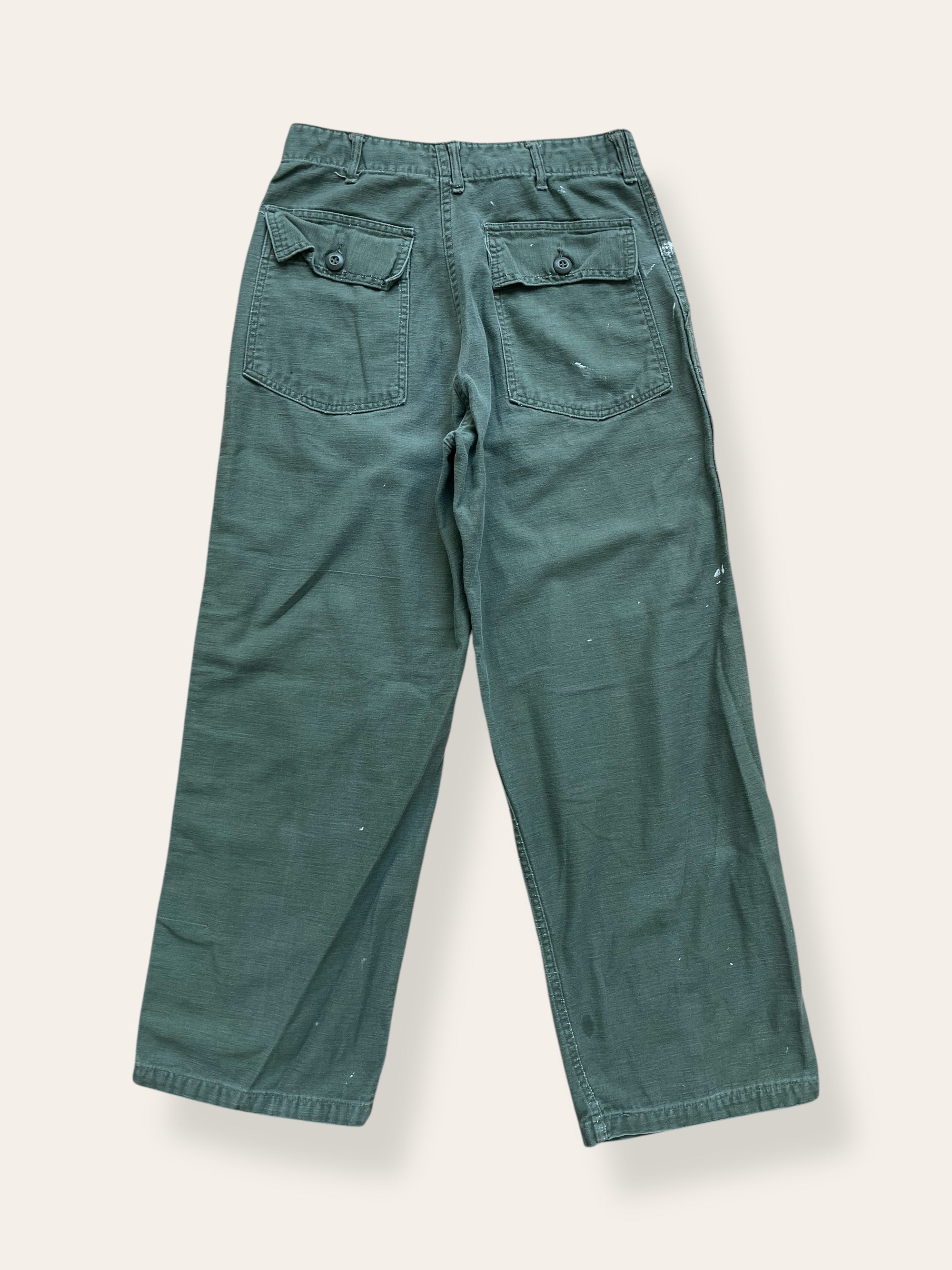 Vintage 1970’s US Army Issue Sateen OG-107 Baker Pants With Paint Splatter W:30