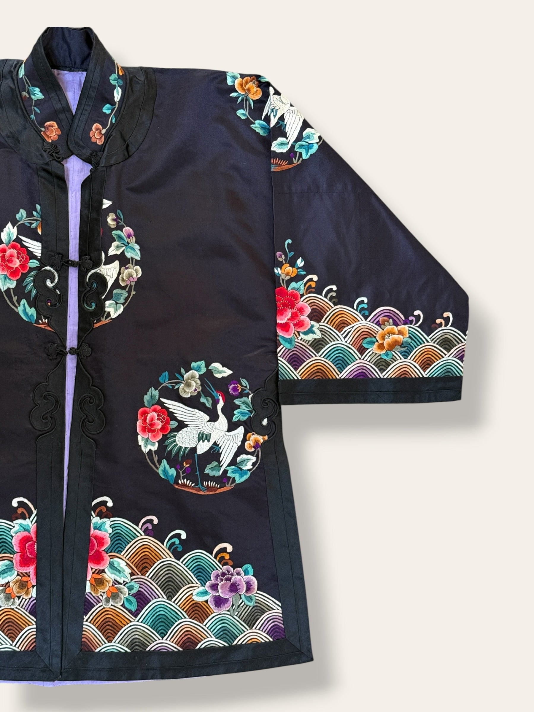 Vintage 1920’s Chinese Silk Jacket | Antique Hand Embroidery Crane Floral Motif Silk