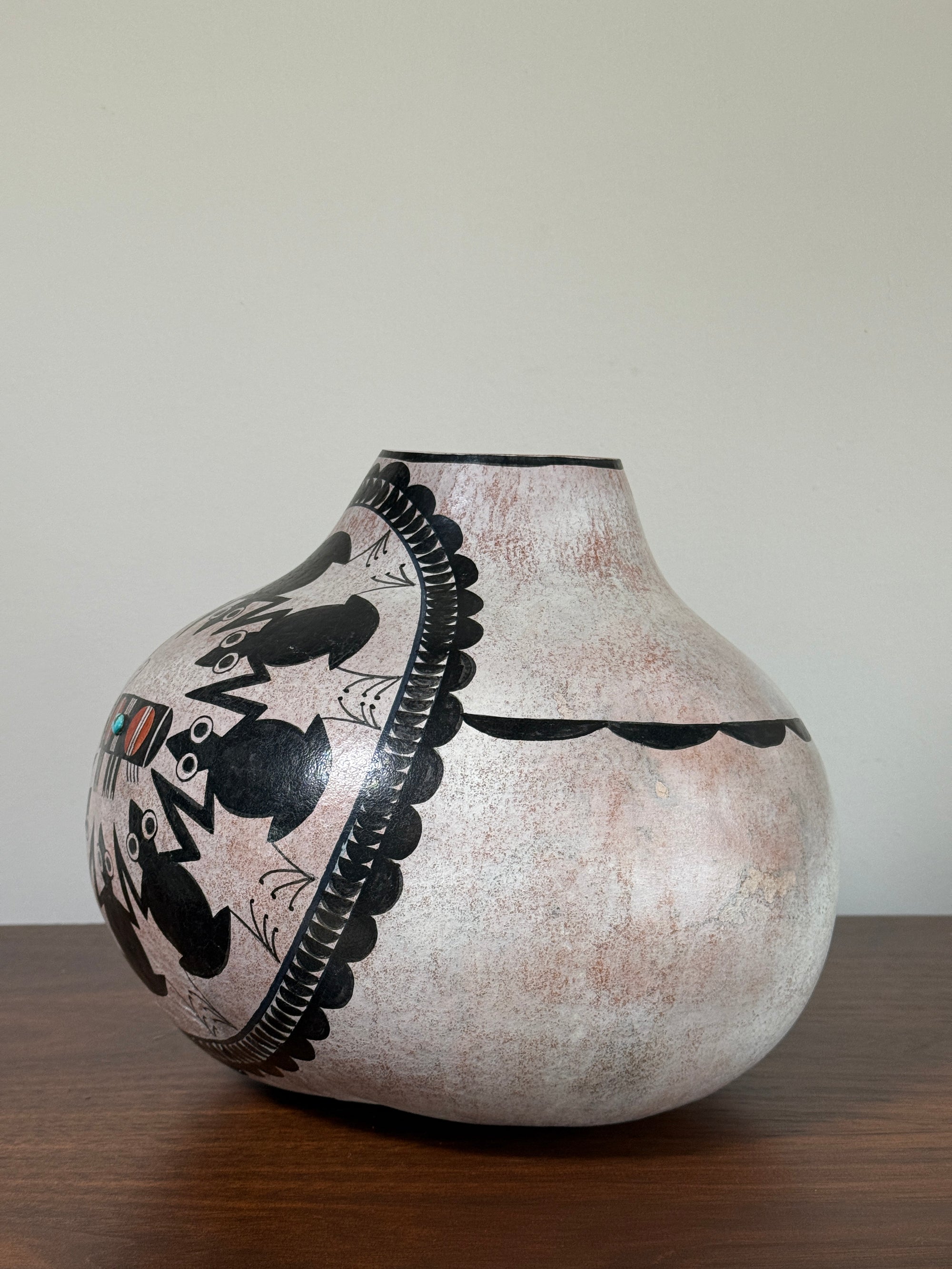 Vintage Robert Rivera Large Painted Gourd Vase | Mimbres Design Turquoise Inlay Hand Painted Bowl